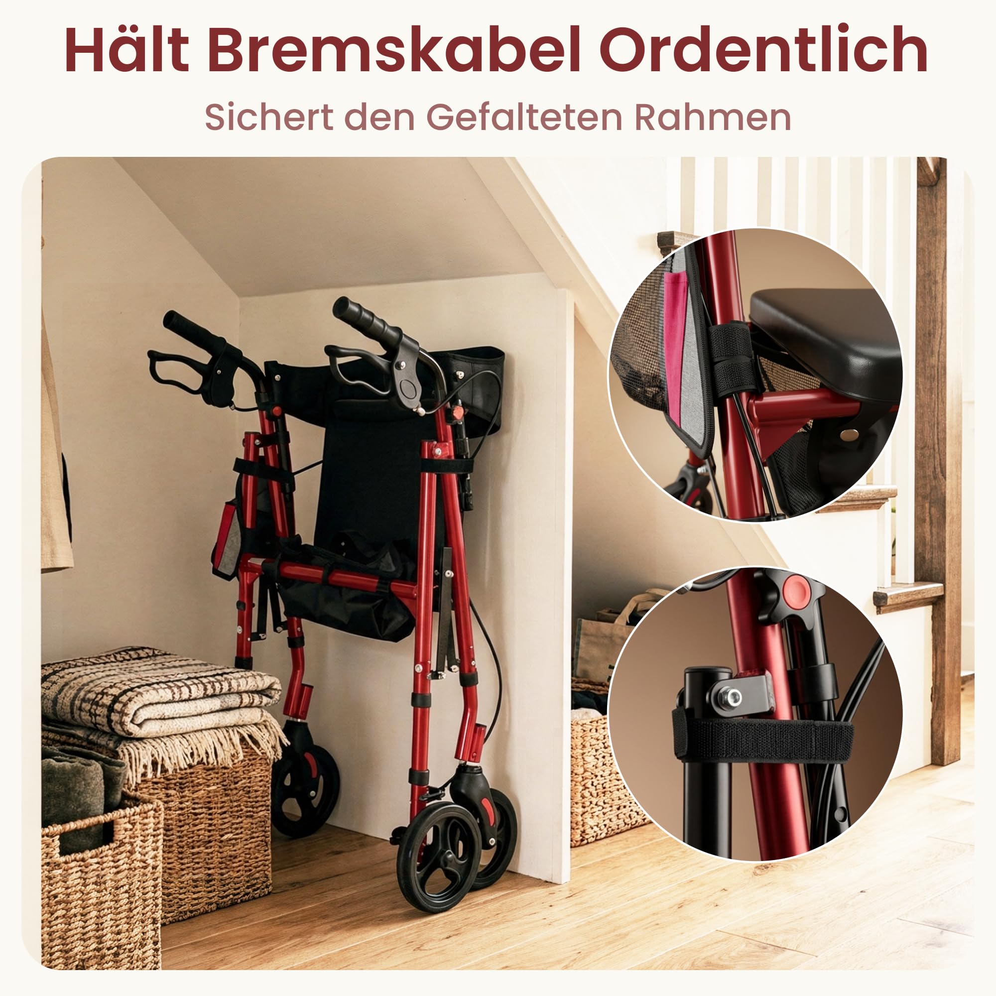 Rollator Faltbar und Leicht mit Sitz, Rollator Schmal für Wohnung, Rollatoren für Senioren mit Höhenverstellbar Sitz und Griff, Indoor Walker, mit Bremse, Korb, Rot