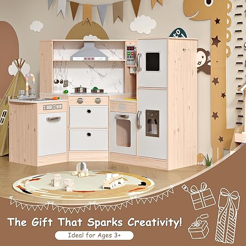 Miniatura 9 de Cocina de juego de madera para niños con luces y sonidos realistas, almacenamiento inteligente, máquina de hielo de simulación, fregadero, estufa,