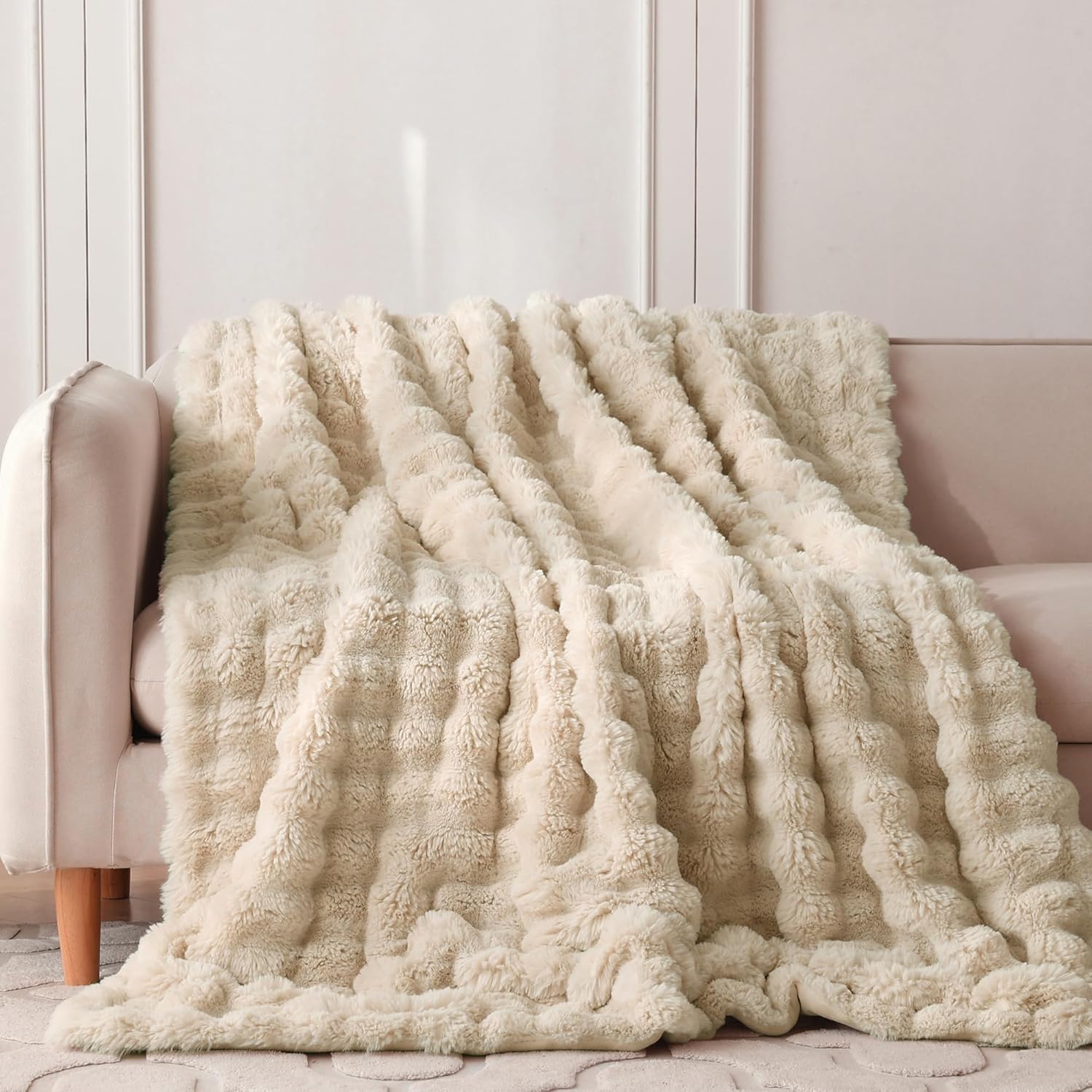 COOVA Faux Fur Throw Blanket for Couch, Cozy Soft and Fuzzy Plush Rabbit Fur Bubble Blanket for Sofa Bedroom Living Room, 50x60 Inches Light Taupe - Image 2