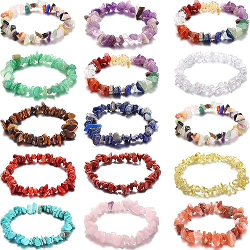 Hicarer Juego de 15 pulseras de cristal, pulseras elásticas de piedras preciosas naturales, cristales curativos espirituales, joyería de playa de