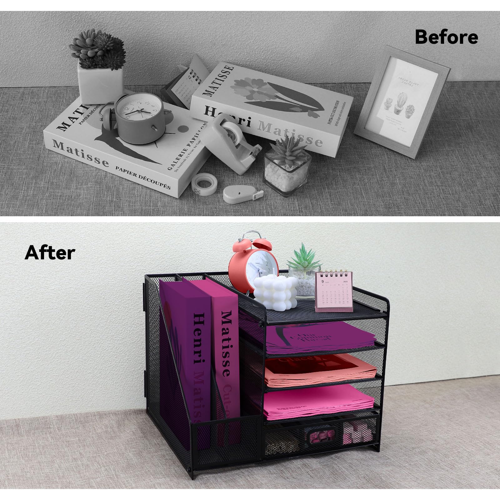 Organizer da scrivania con portadocumenti, organizer a 5 ripiani con cassetto e 2 portapenne, organizer da scrivania in rete per forniture per ufficio, spazio di lavoro, nero