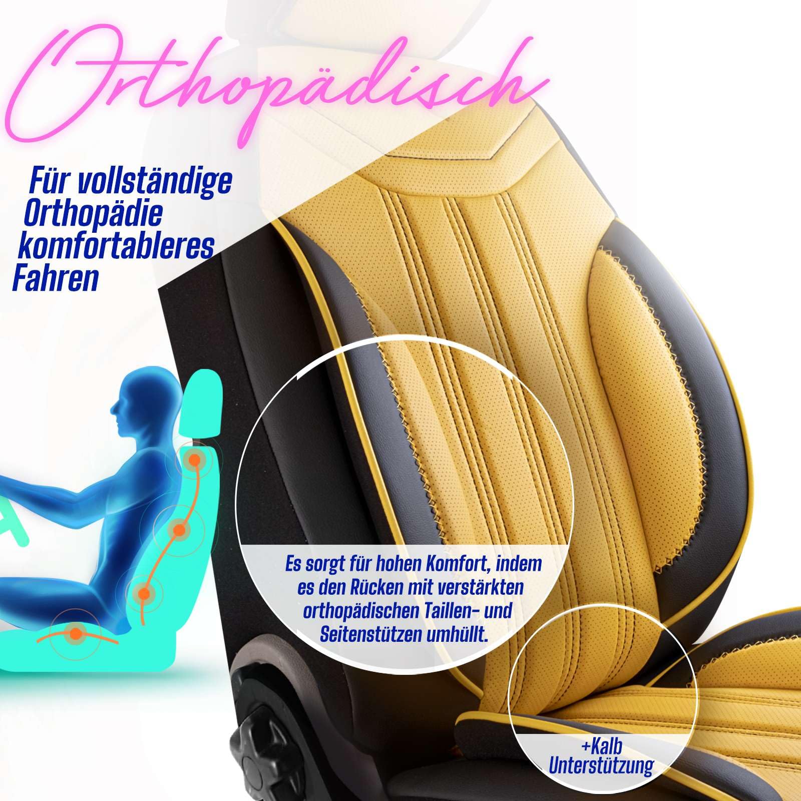 Autositzbezüge Universal für PKW & SUV – Premium Vordersitze Auto Sitzbezug aus Leder, Gelb-Schwarz, Airbag-Kompatibel Sitzauflage, Autoschonbezug, Komplett-Set inkl. Montageset