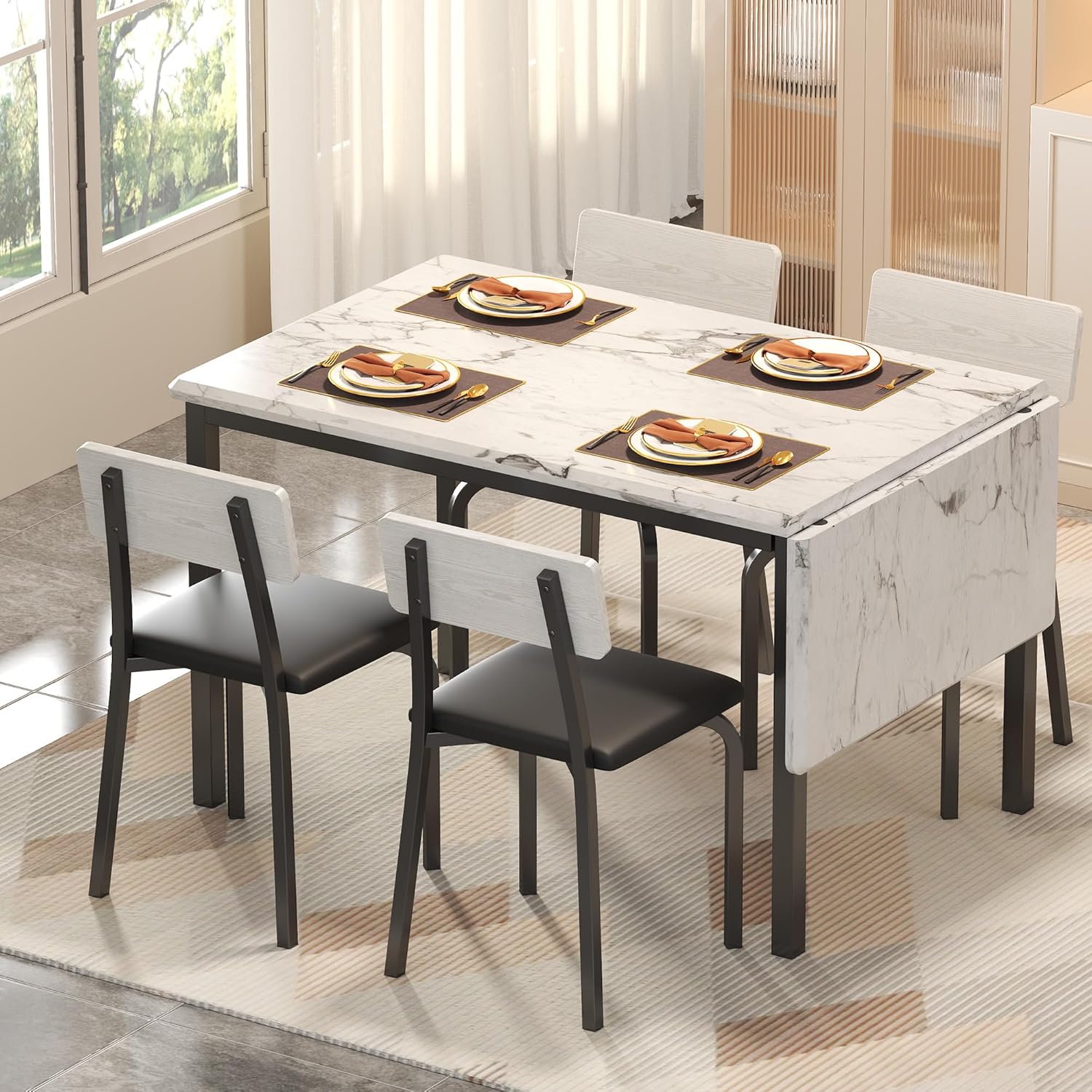 IRONCK 5-Piece 63″ Extendable Dining Table with 4