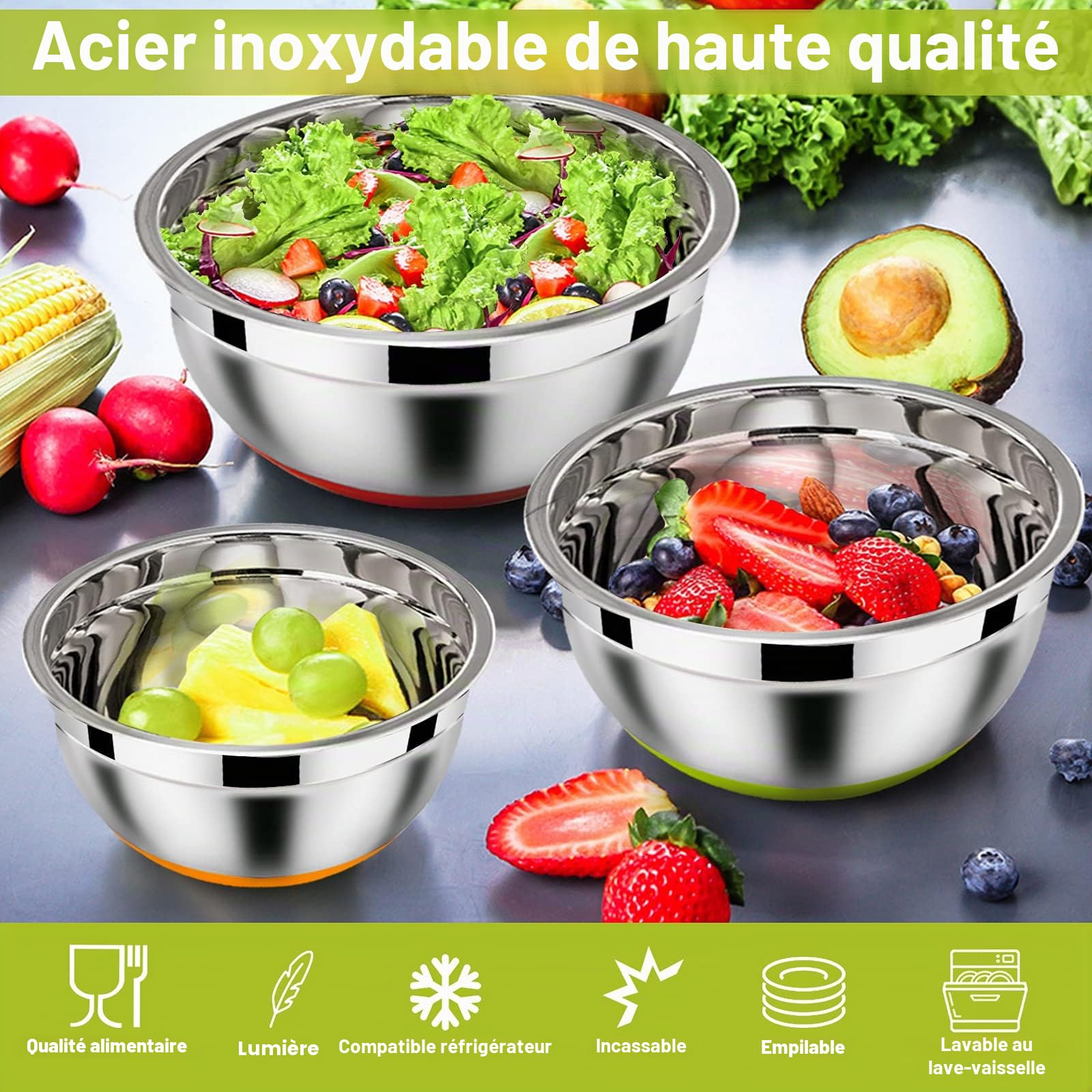 Homikit Ensemble de bols à mélanger, Ensemble de 6 bols à salade en acier inoxydable avec couvercle hermétique & fond en silicone, Empilable, Lavable au lave-vaisselle, 4.6L/2.8L/2.5L/1.6 L/1.2L/0.7L