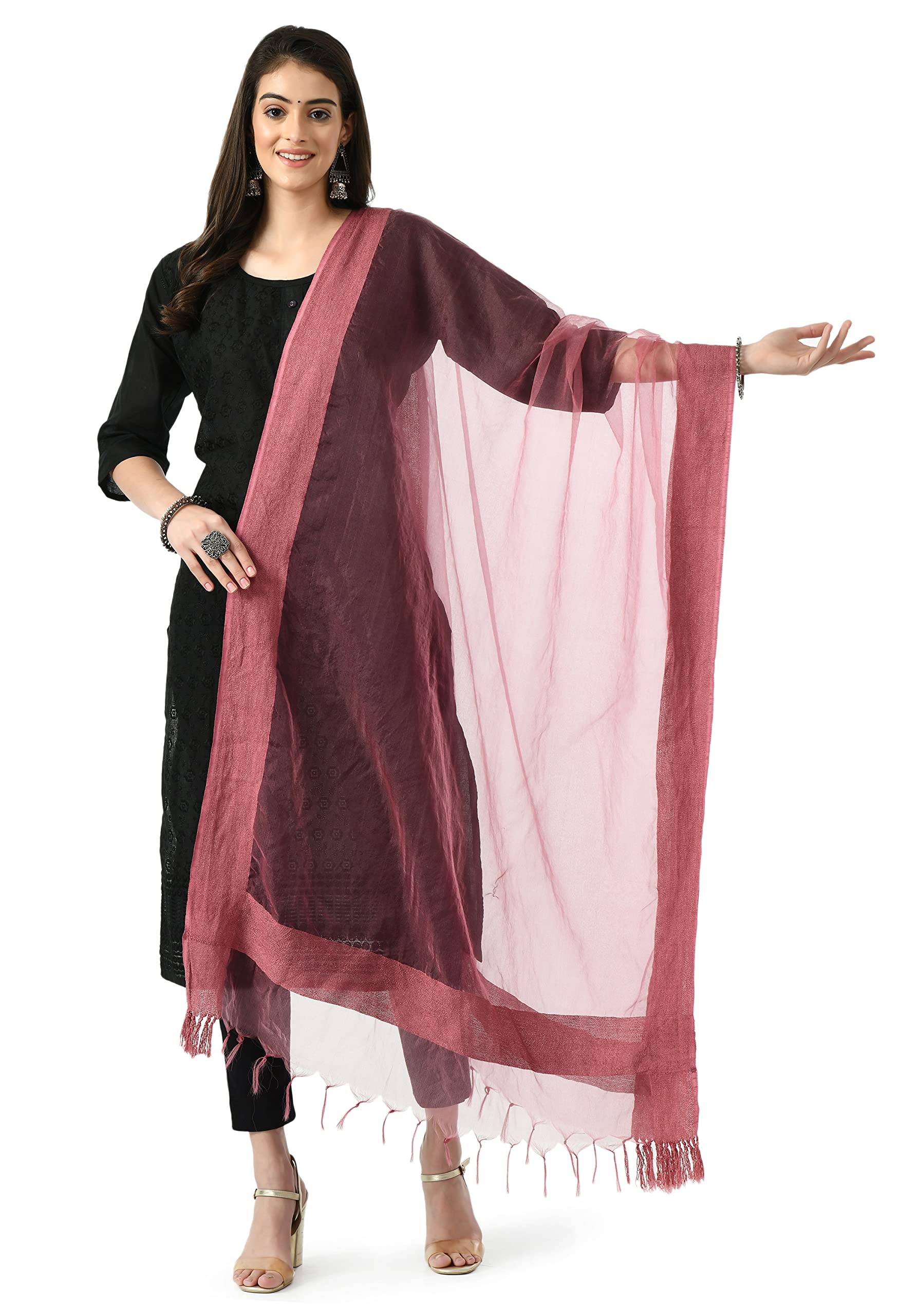 A R Silk Women's Peach Organza Cotton Solid Regular Dupatta