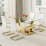 gopop Modern Dining Chairs Set of 4,High Back White Kitchen Chairs,Faux Leather Side Chair with Gold Plated Metal Legs,Easy to Clean Upholstered Dining Chairs,Ideal for Living Room(Gold Leg)