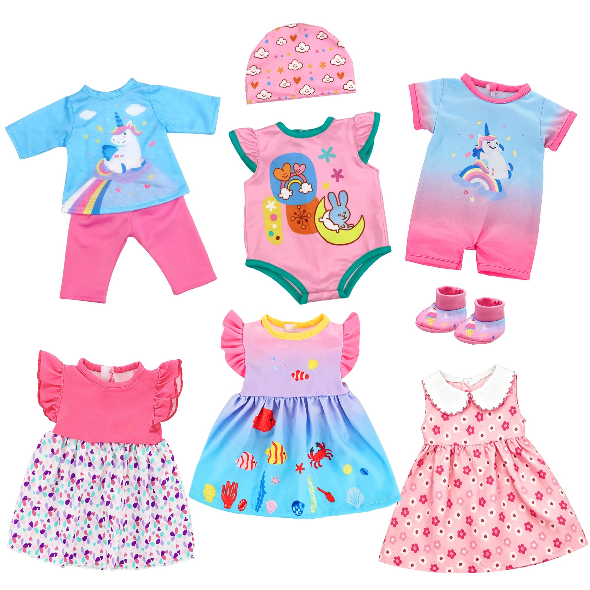 6 Set Baby Doll Kleidung und Zubehör Set für 13-16 Zoll Puppen enthalten Kleid Outfits Hut Socken Strampler (keine Puppe)