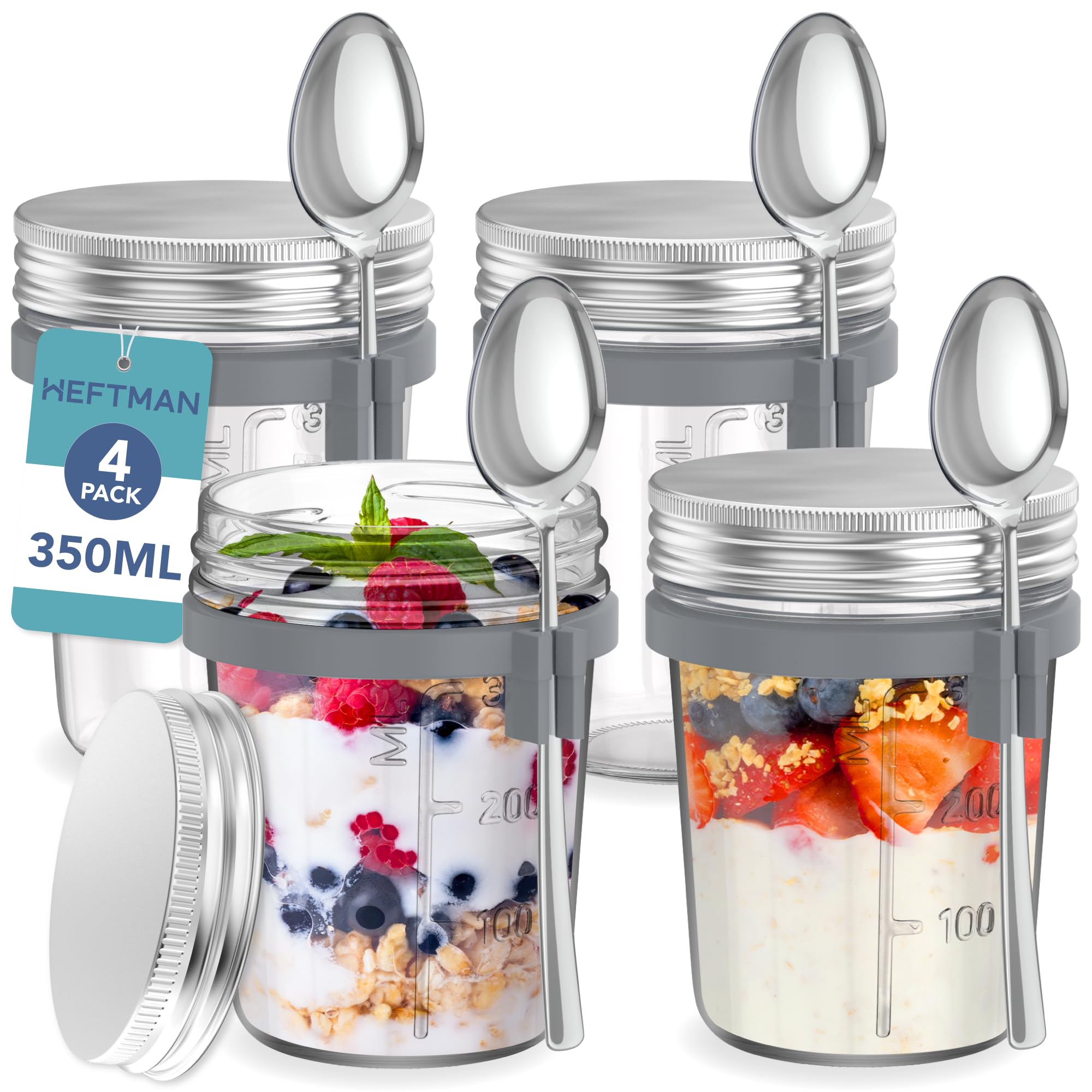 Heftman Red Mason Jars For Overnight Oats - 4 Pack 350Ml Overnight Oats Jar With Spoons & Airtight Stainless Steel Lids - Food-Safe Glass Breakfast Pots For Yogurt, Chia Pudding - 12Oz, Reusable (4 Pcs)