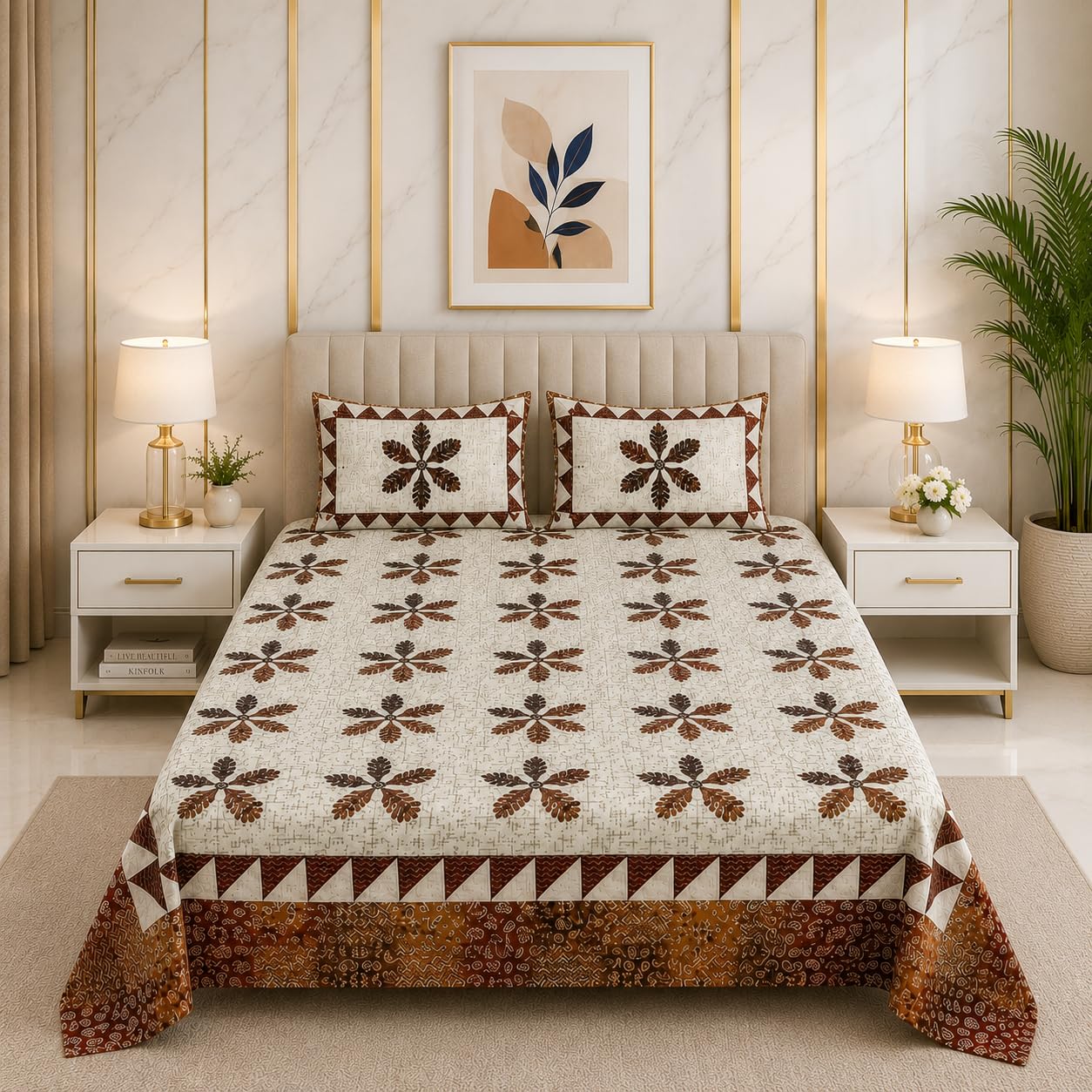 King Size Pure Cotton Bedsheet, Rust & Brown Floral | 100x108 Inches, 240 TC, Jaipuri Patchwork Print, 2 Pillow Covers Included, Cream & Brown Tones-image-17