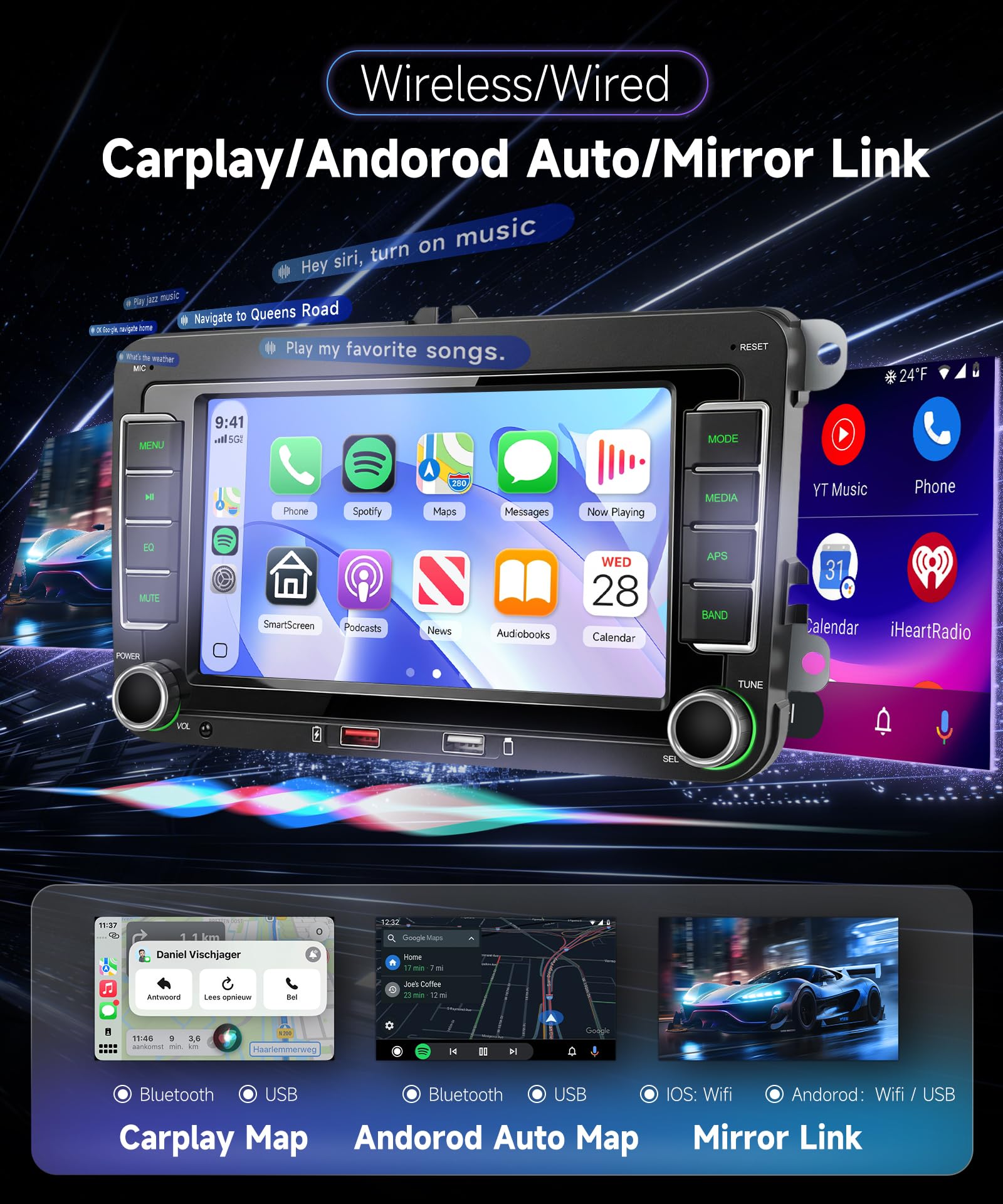 Hodozzy Radio Coche para VW Passat Golf Seat Altea Skoda Octavia con CarPlay Inalámbrico Android Auto, 9 Pulgadas Touchsreen con Bluetooth/RDS Radio/SWC/GPS/Dual USB/EQ+Cámara de Visión Trasera