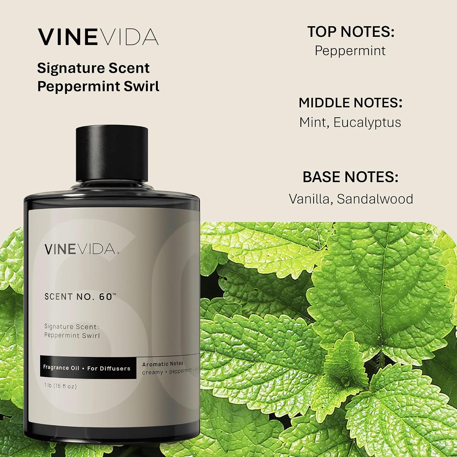 VINEVIDA [16 Fl Oz] Peppermint Swirl Fragrance Oil for Cold Air Diffusers, Essential Oils for Diffuser Oil Refill & Air Freshener Room Spray