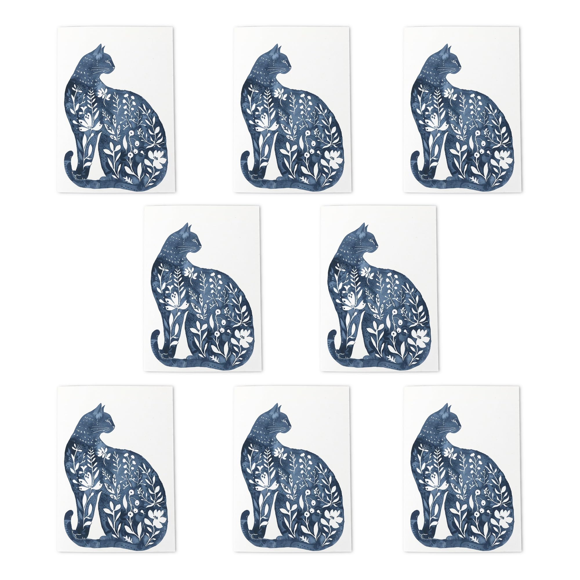 Blue Boho Floral Cat Lover Greeting Cards Pack of 8 Watercolour Feline Art Note Cards Any Occasion Blank Inside A6 10x15cm