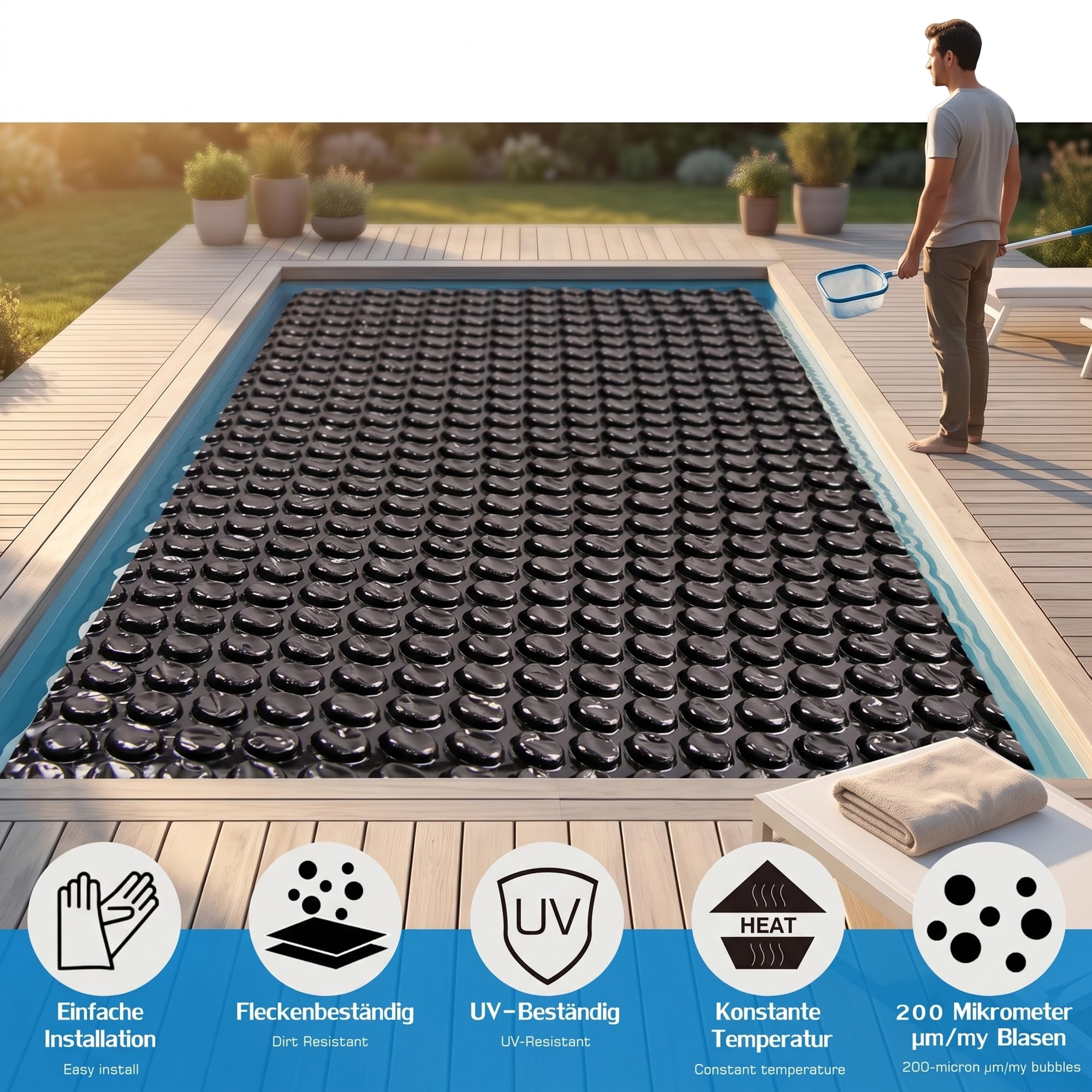 Mucola Pool Solarfolie Rund Ø 549 cm Schwarz – Poolabdeckung PVC mit Luftkammern und Ösen | spart bis zu 70% Heizkosten, reduziert Verdunstung, UV-beständig, zuschneidbar für großen Rundpool