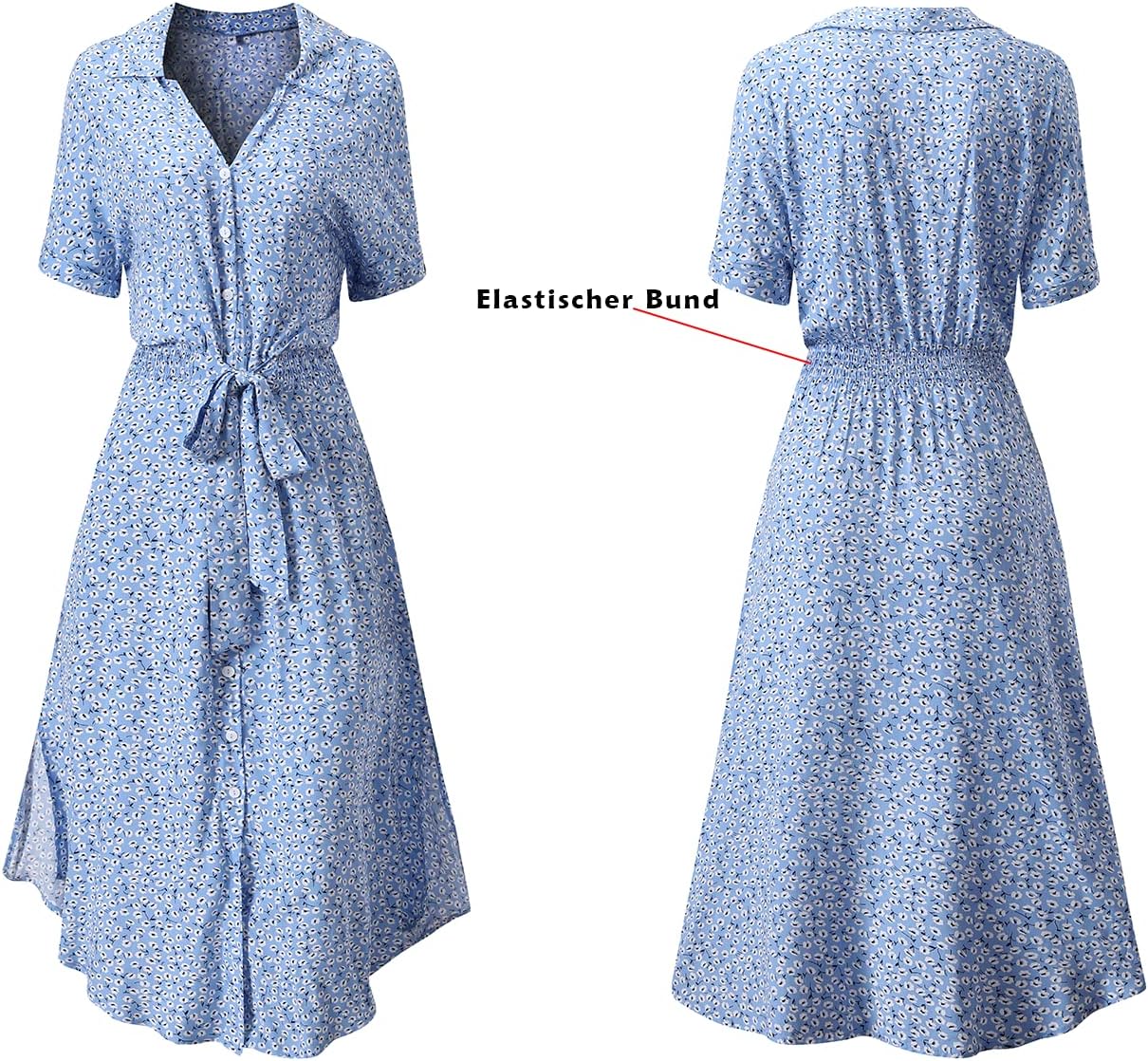 Jiraewh Damen Blumen Sommerkleid Knopf Kurzarm V-Ausschnitt Lose Knielang Kleid High Waist Midi-Hemdkleid Strandkleider Polka Dots Knopfkleid Langarmkleid - Image 5