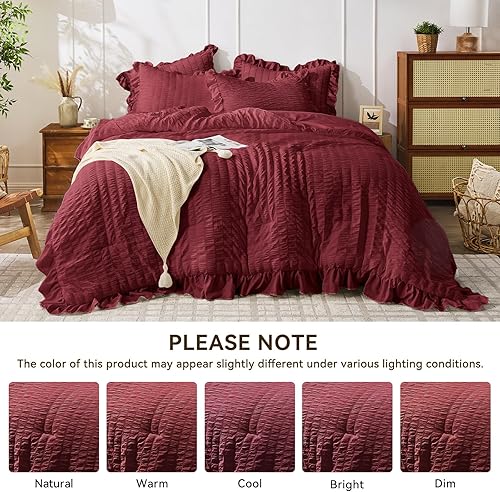 Miniatura 149 de JOLLYVOGUE - Juego de edredón tamaño queen, de 3 piezas, estilo seersucker, ligero y esponjoso para todas las estaciones, con 1 edredón con volantes
