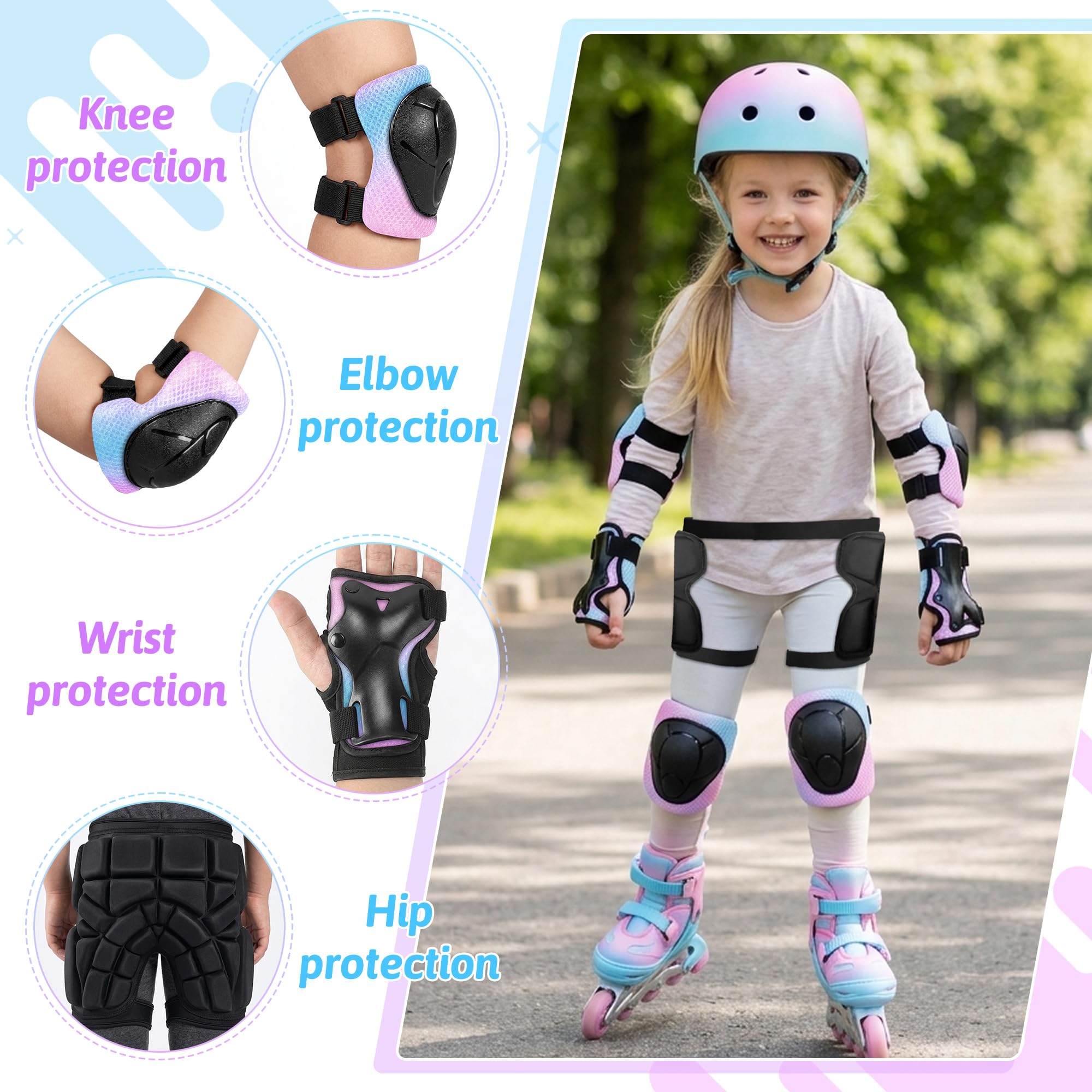 Set di ginocchiere per bambini, con gomitiere, polsiere, protezioni per fianchi e zaino, per skateboard, scooter, bicicletta e pattini in linea