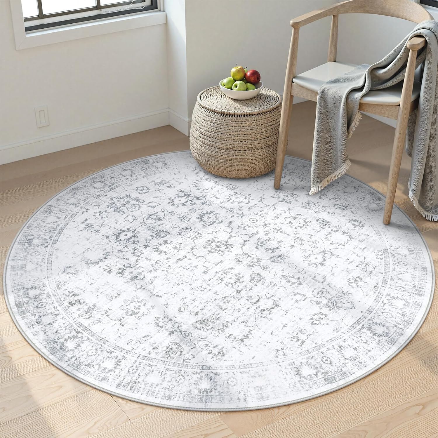 LIVEBOX Washable Area Rug 4ft Boho Round Rug Traditional Rug for Bedroom, Ultra-Thin Retro Carpet Grey Print Distressed Accent Circle Rug for Nursery Room Entryway Foyer