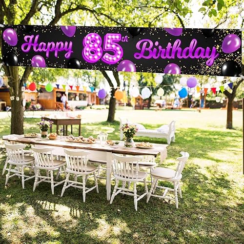 Miniatura 5 de Cartel de feliz cumpleaños 85 morado y negro, decoración temática de globos de confeti para mujeres de 85 años, suministros de fiesta de cumpleaños,