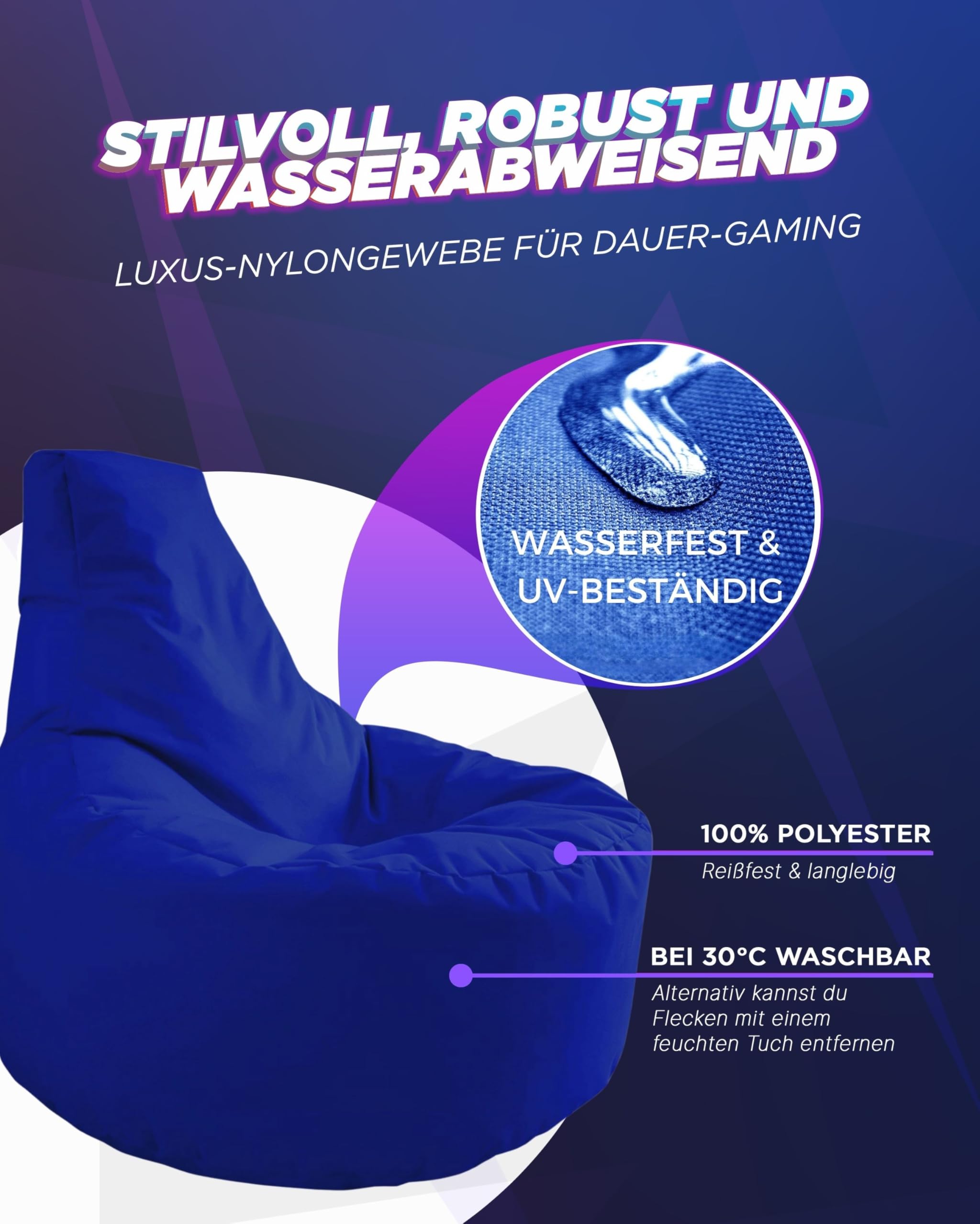 PATCH HOME Gamer Cuscino & Lounge Pouf per poltrona da gaming, pronto con imbottitura in polistirolo, adatto per interni ed esterni (blu, Ø 65 cm x altezza 70 cm)