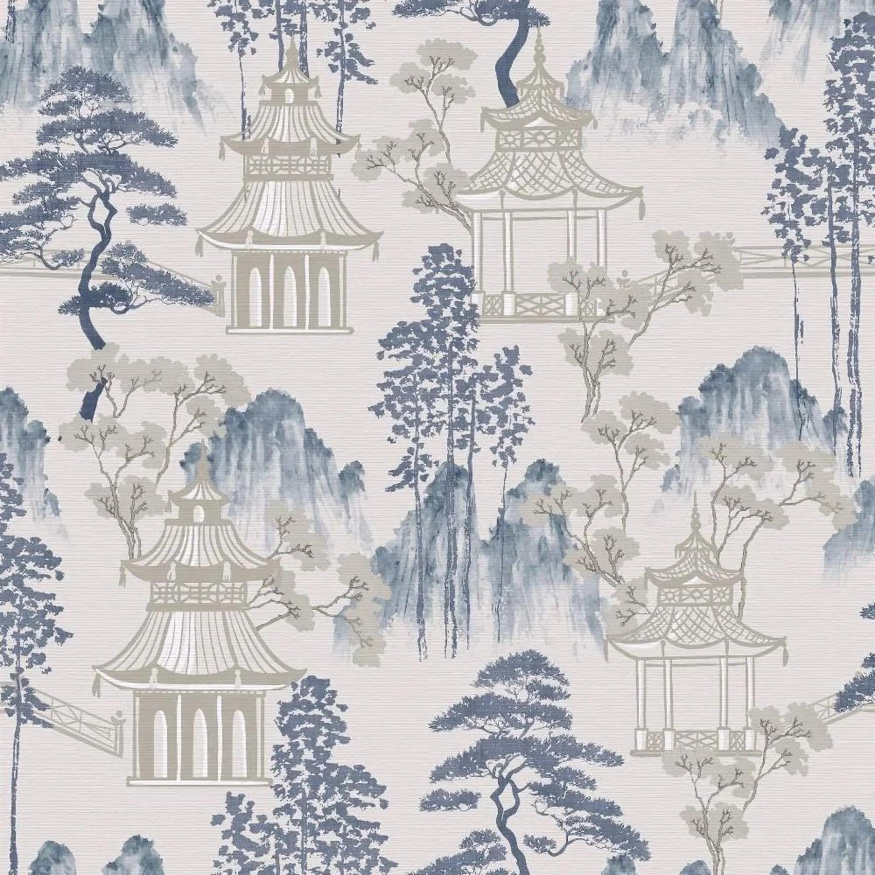 Yöl Blue Japanese Pagoda Grey Wallpaper - Floral Flowers Trees Oriental Traditional - Stylish Feature Wall
