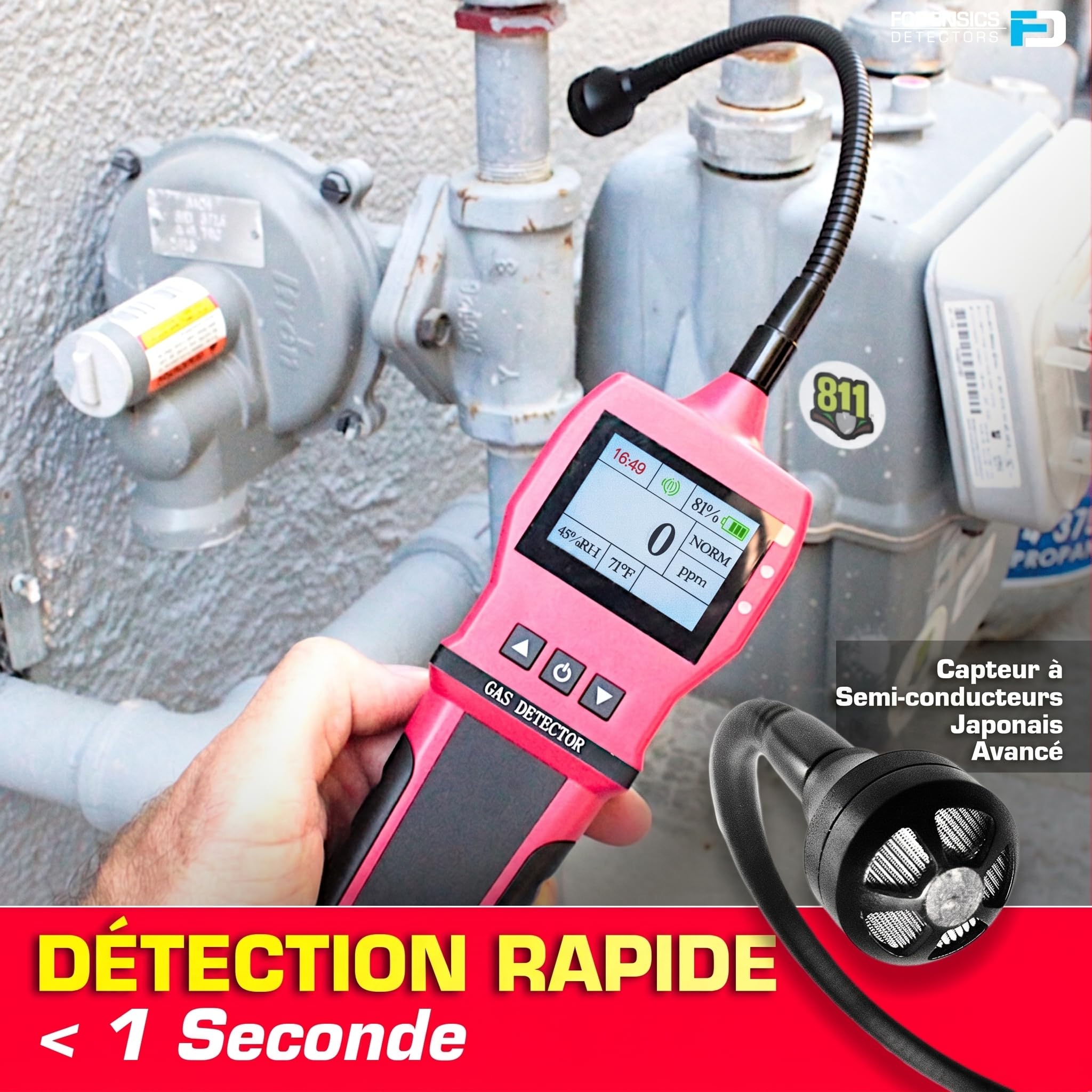 Détecteur Professionnel de Fuites de Gaz | Alarmes Réglables | Affichage 0–10 000 ppm avec Résolution de 1 ppm | Batterie Li-ION | Gaz Naturel, Méthane et Combustibles