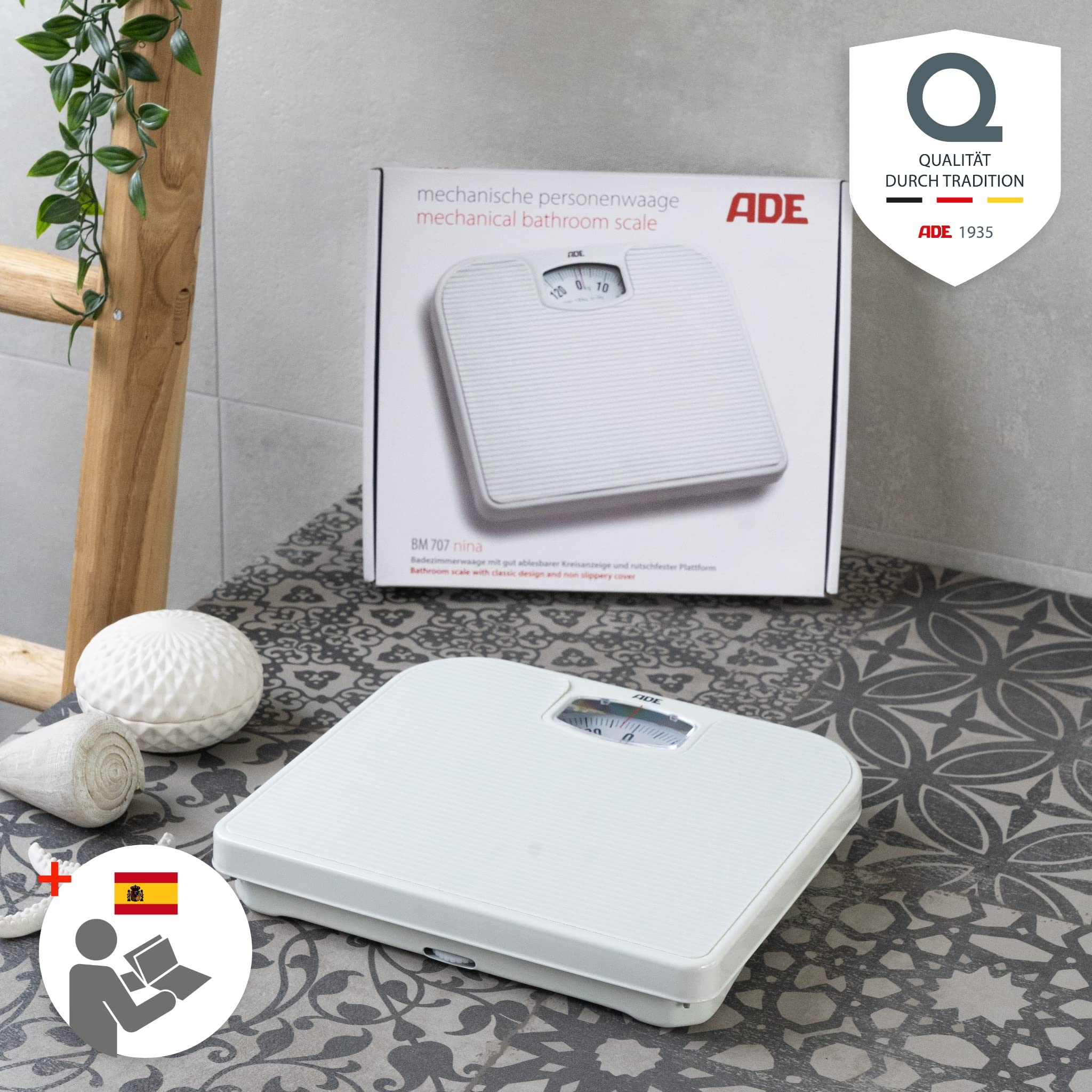 ADE Báscula analógica/mecánica de baño | fabricada en plástico ABS en color blanco brillante | mecanismo de metal sólido, escala de fácil lectura | Blanco
