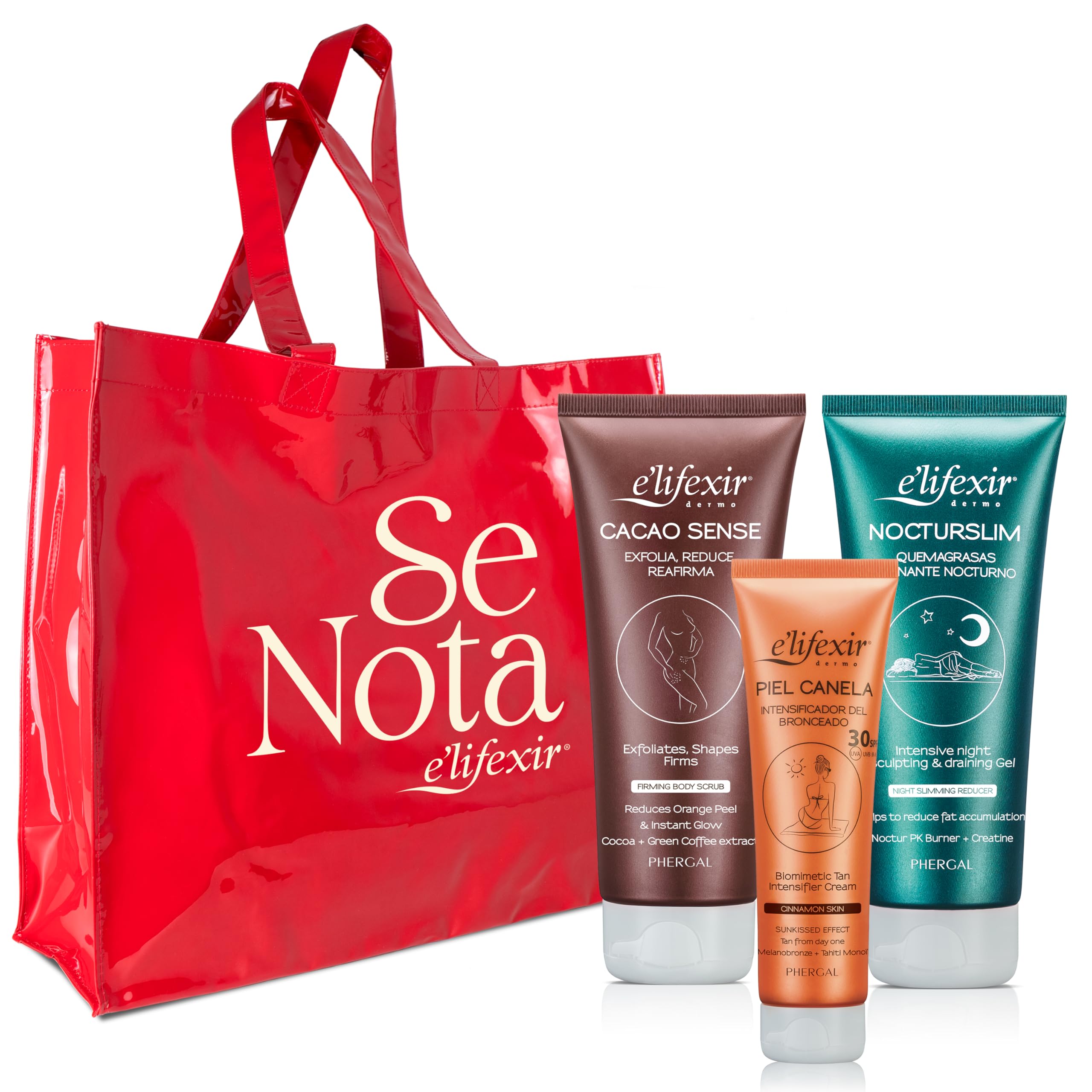 Elifexir | Cacao Sense + Nocturslim + Piel Canela + Regalo | Exfoliante Corporal + Quemagrasas Nocturno + Acelerador del Bronceado + Bolsa | 200ml + 200ml + 150ml