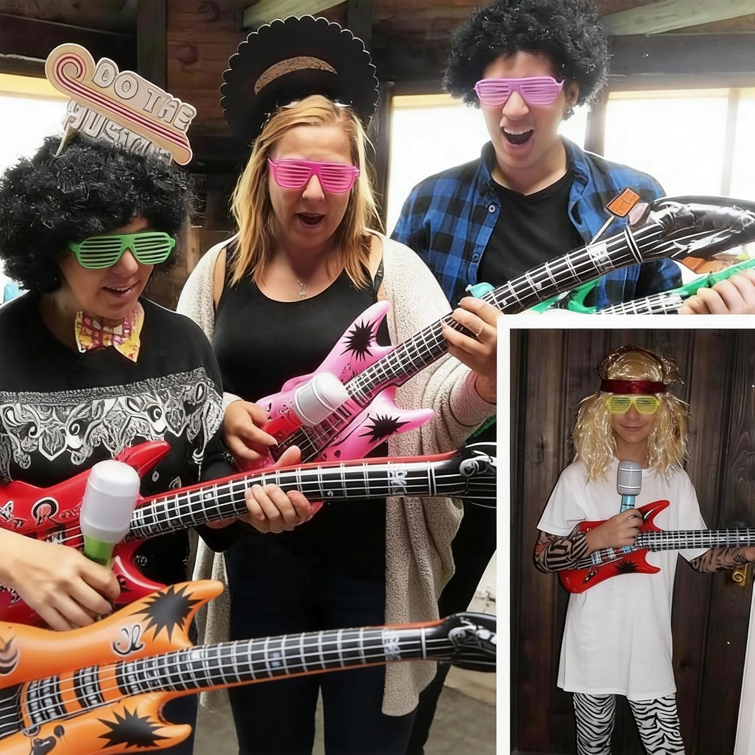 16pcs Juegos de Instrumentos inflables,Juego Estrella de Rock Inflable,Guitarra Inflable, micrófono saxofón, Gafas de Sol, Accesorios de Fiesta inflables