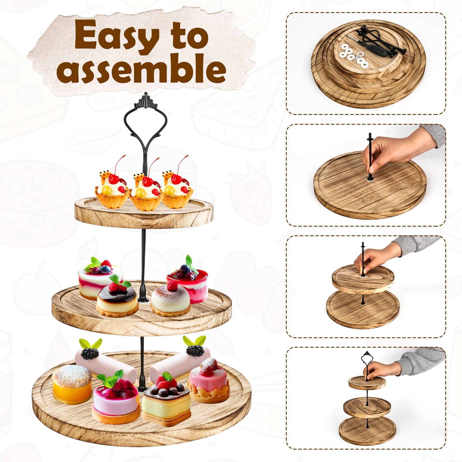 Supporto per torte a 3 ripiani, in legno, con manico in metallo, supporto per cupcakes e decorazioni da tavolo