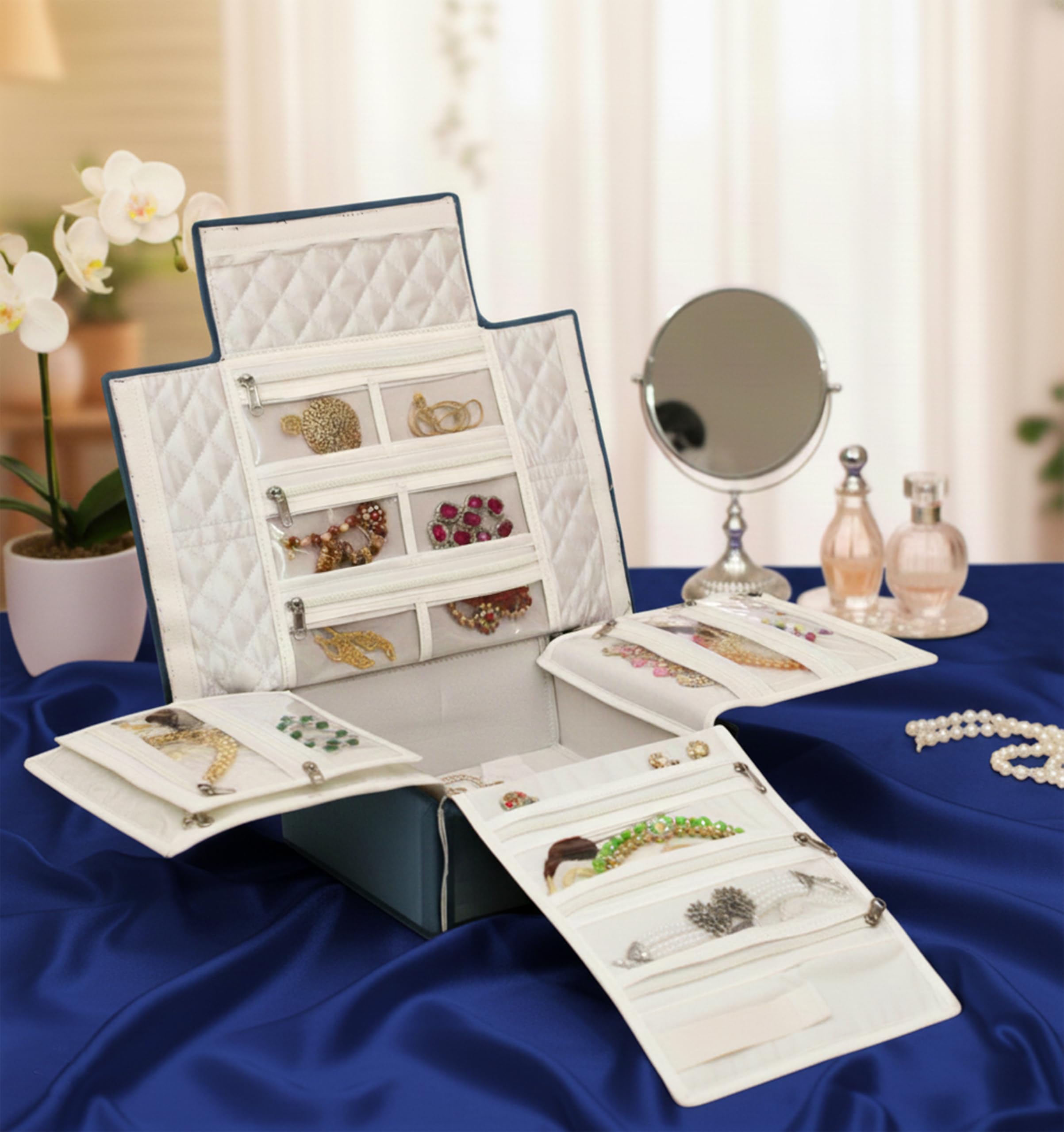 atorakushon Organizador de viaje plegable transparente con cremallera para collares, aretes, anillos, pulseras, color gris