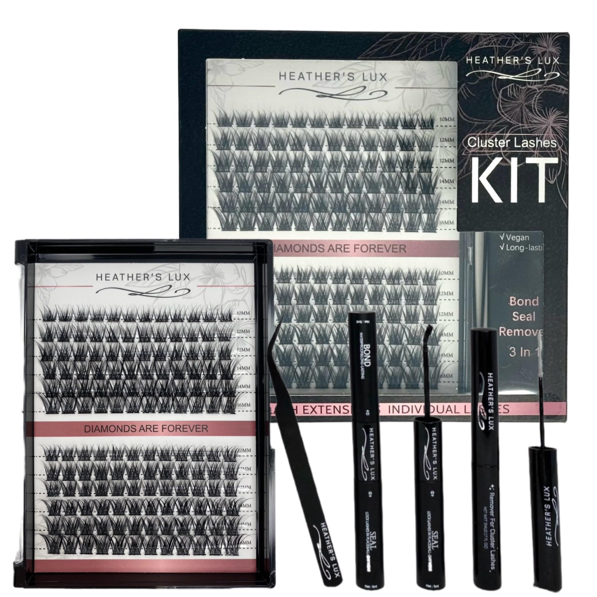 HEATHER’S LUX DIY Eyelash Lash Extension Kit Lash Clusters Lash Kit With 144 Pieces, Tweezers, Bond, Seal & Glue Remover False Eyelashes, Reusable Individual Segment Lashes (Caviar)