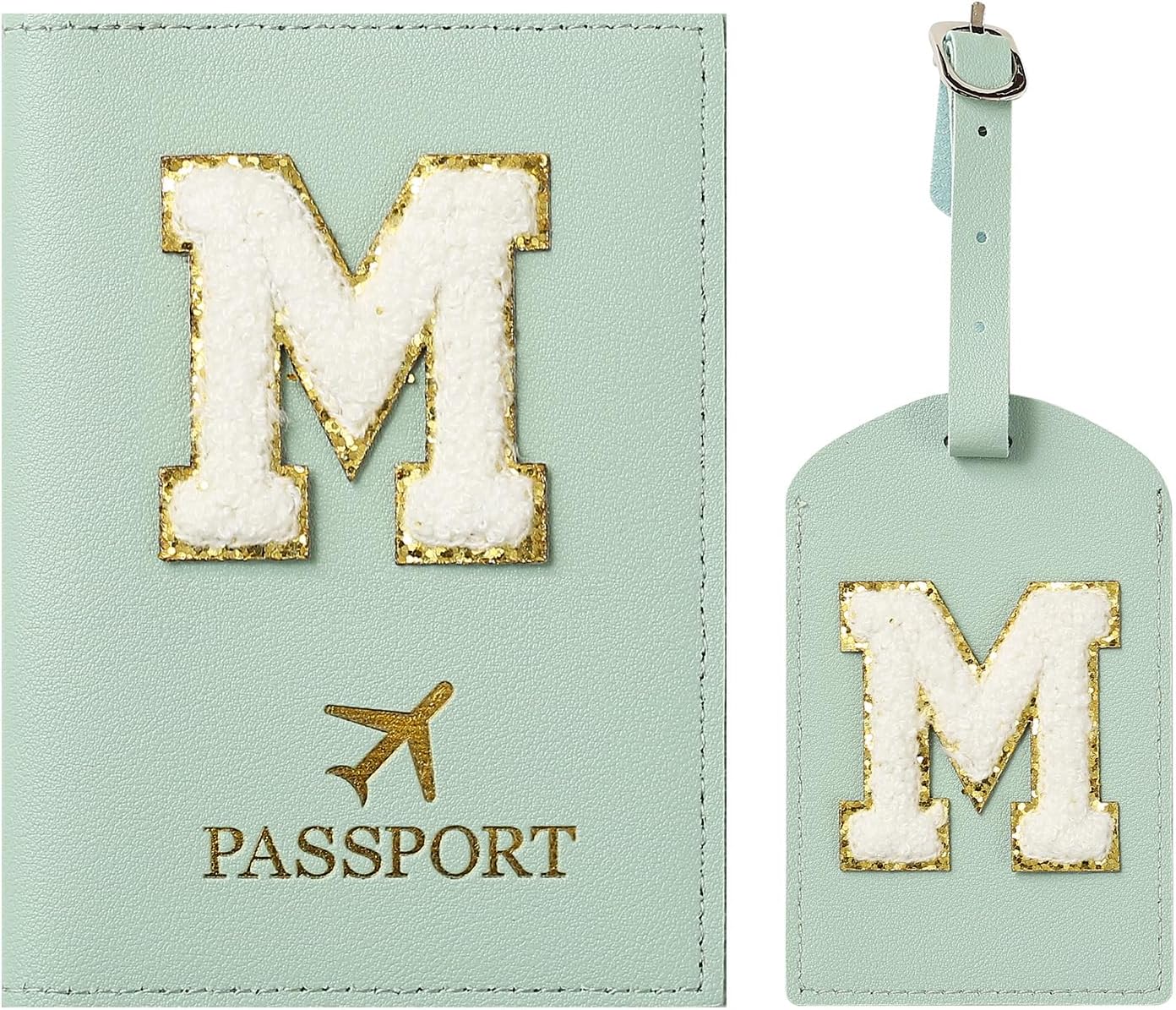 ZVRSUA Protege Passeport Vert et Etiquette Valise Costume，Pochette Passeport avec Lettre, Cuir PU, Cadeaux Femme Voyage Accessoires, Très Mignons, Adaptés aux Femmes，Mâle, Adolescent, Filles (Vert M)