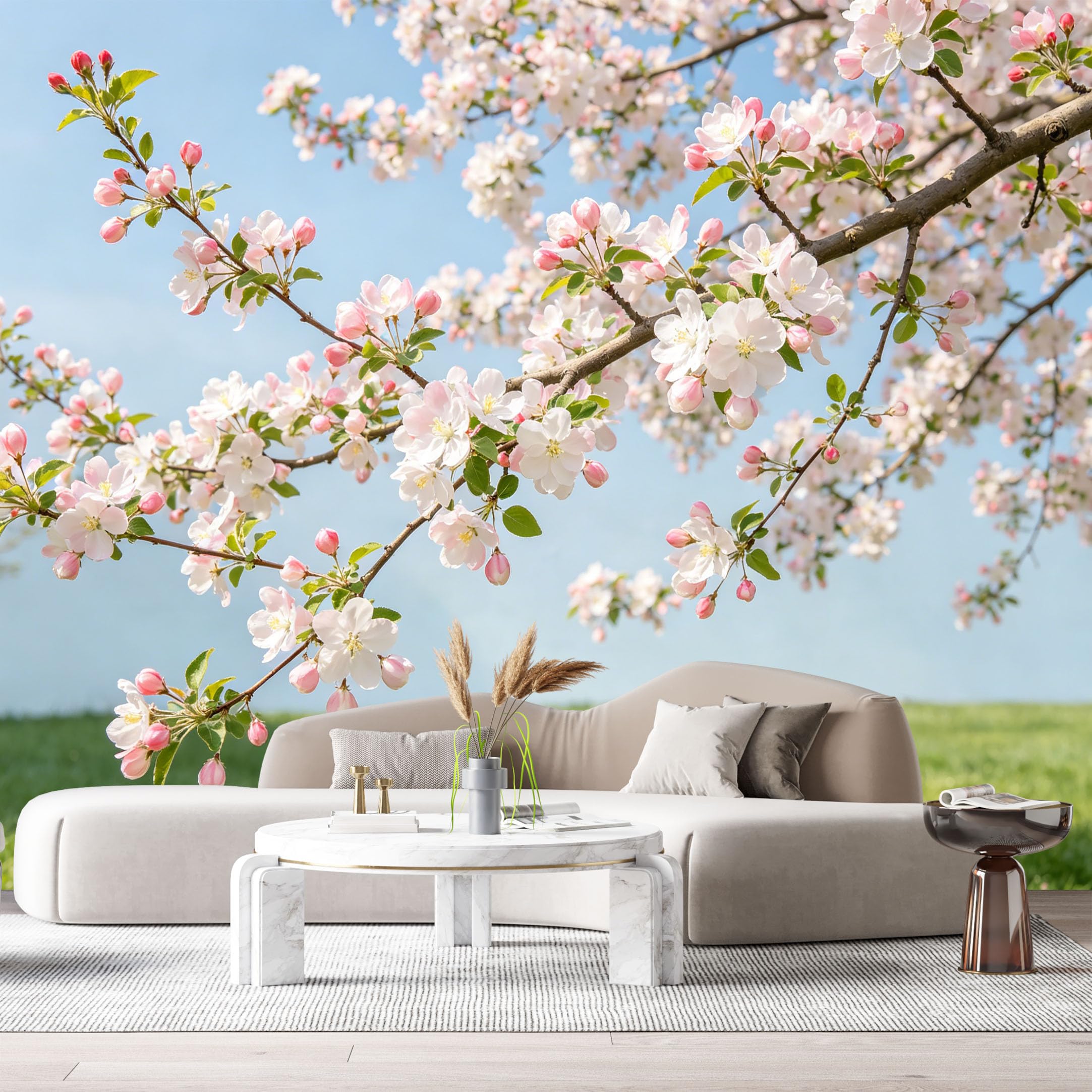 Custom Size Wall Murals Blooming Cherry Blossom Botanical Spring Branches Blue Sky SelfAdhesive Wall Fabric Removable Large Wallpaper for Photo Living Room
