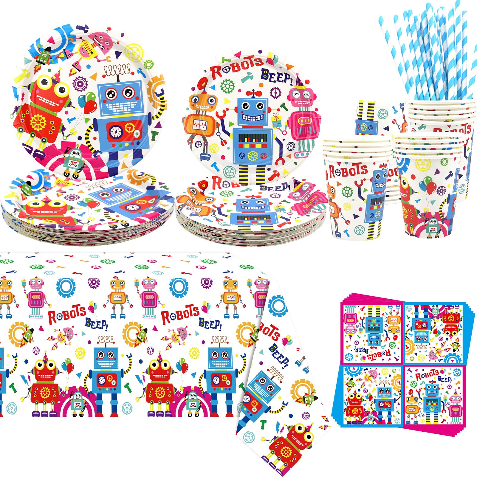 Robot Birthday Party Decoration - Robot Party Supplies Include Plates, Tablecloth, Napkins, Tableware, Robot Party Party Supplies for Boys Girls Kids
