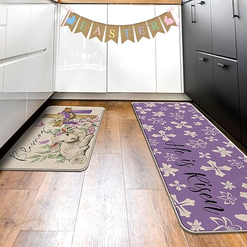 Miniatura 6 de Tailus Juego de 2 alfombras de cocina de cordero con texto en inglés He is Risen con flores de lirio moradas, decoración para el hogar, hojas de