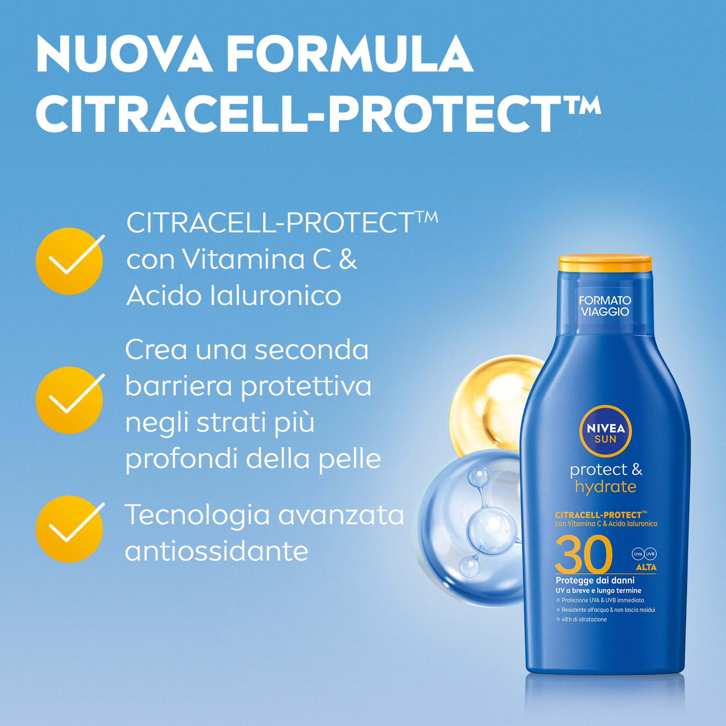 NIVEA SUN Protect & Hydrate SPF 30 Formato Viaggio 100 ml, Crema solare 30 idratante 48h ad assorbimento rapido, Protezione solare 30 resistente all'acqua con Vitamina C e Acido Ialuronico