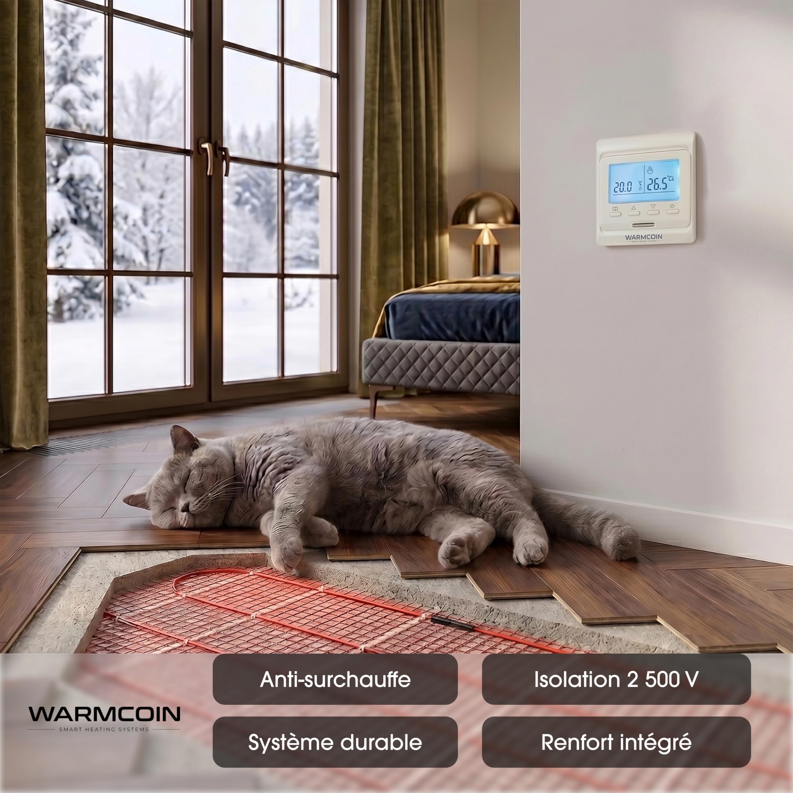 Kit Complet de Chauffage au Sol Électrique 160 W/m² – Trame Chauffante Autocollante 5,0 m² (0,5x10m) – Pour Carrelage, Stratifié et Parquet – Thermostat WiFi W51 Blanc Inclus