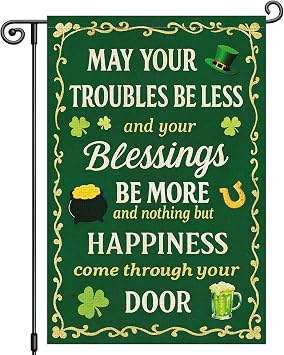 Louise Maelys St Patricks Day Garden Flag Shamrock Clover May Your Troubles Be Less 12x18 Inch Double Sided Small Burlap Welcome Spring Holiday Yard Outdoor Sign Outside House Decor