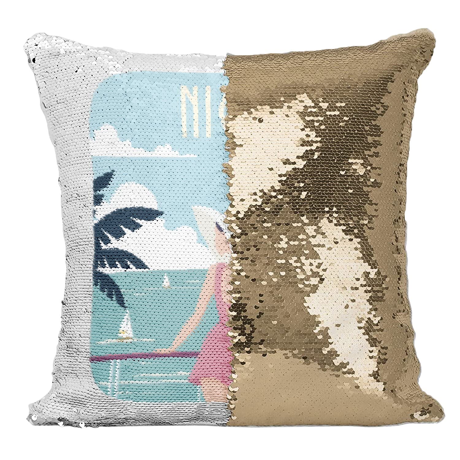 Coussin sequin doré Nice Promenade des Anglais pour égayer un salon sombre