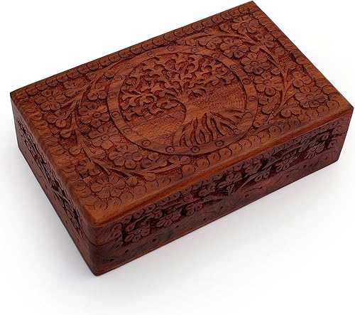 Miniatura 8 de Gran regalo de cumpleaños, caja de joyería decorativa de madera hecha a mano, organizador de joyas tallado en árbol de la vida, caja de recuerdos,