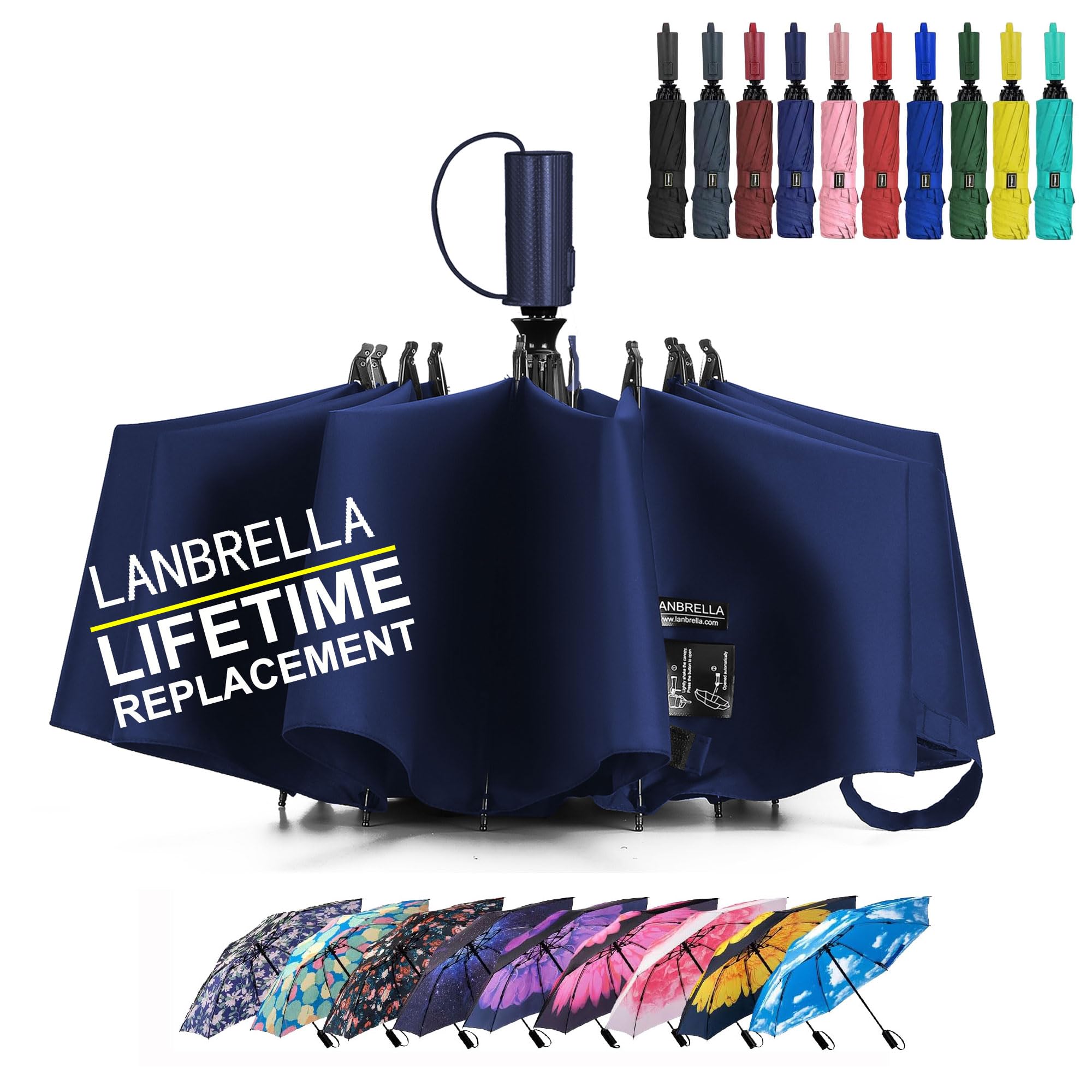 LANBRELLA Compact Reverse Folding Umbrella Auto Windproof Travel Umbrella