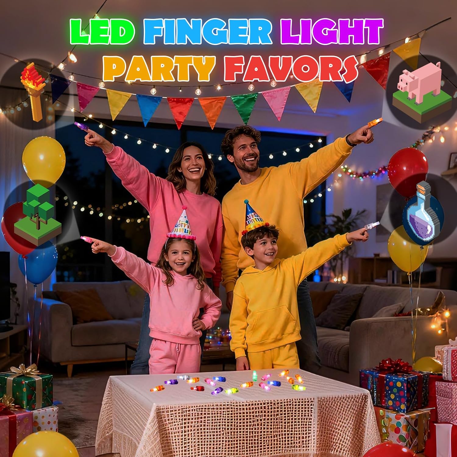36 Pack Pixel Party Favors LED Finger Lights for Kids, Glow in the Dark Building Game Goodie Bag Stuffers, Pixel World Birthday Party Gifts for Classroom Rewards