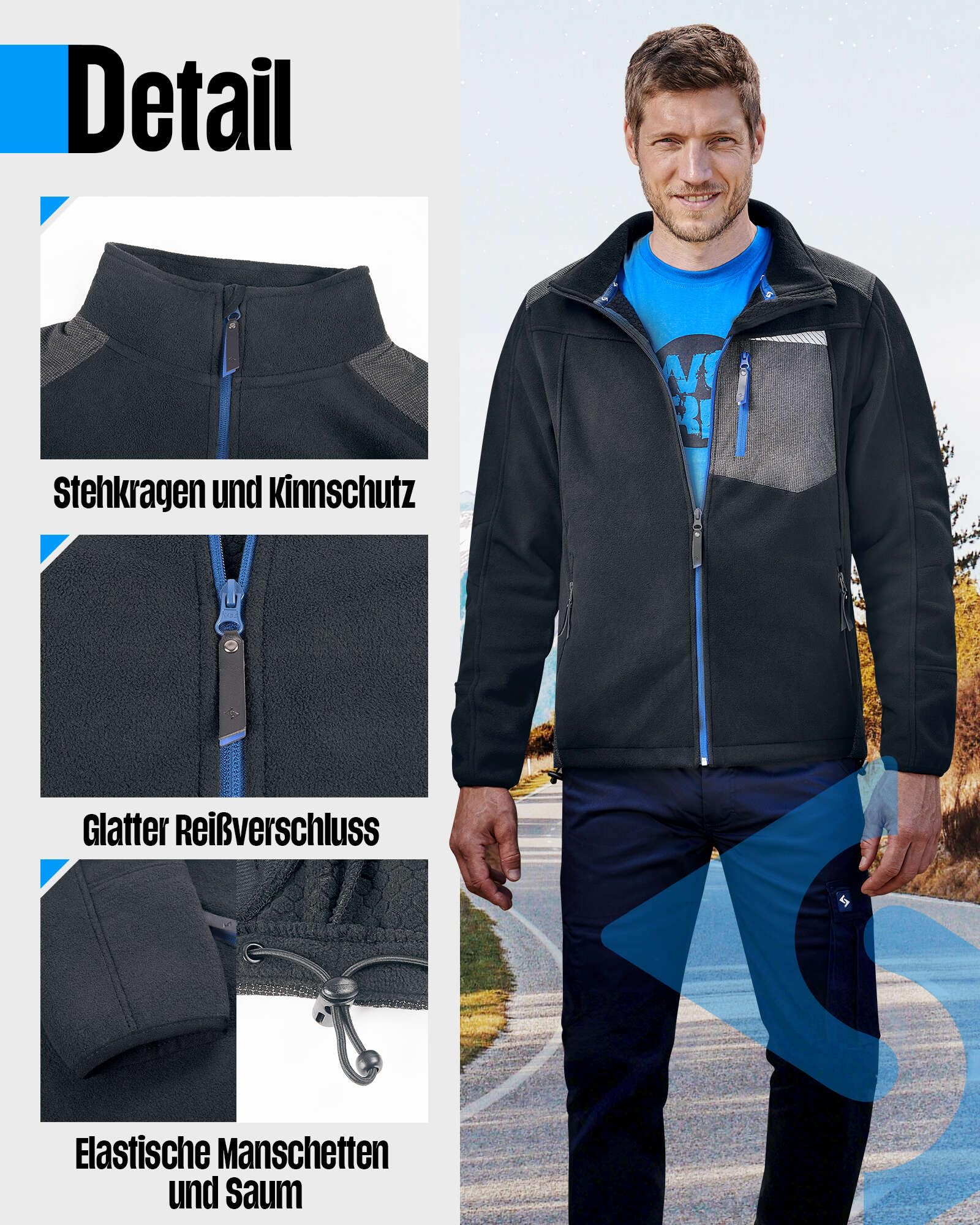 Scheibler Veste polaire coupe-vent pour homme - Veste de travail chaude - Col montant - Veste de transition avec 6 poches - Respirante - Veste de loisirs pour la randonnée et la course