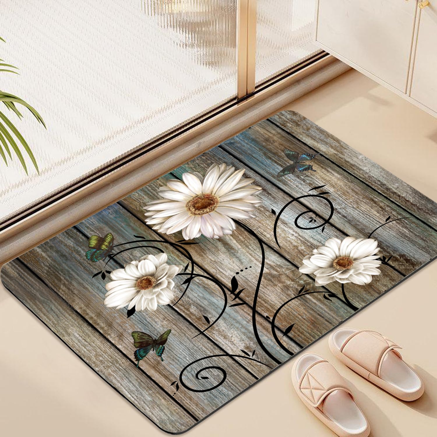 Miffrank Rustic Daisy Bathroom Rugs Grey Floral Butterfly Bath Mat, Farmhouse Absorption Non-Slip Floor Mat, Daisy Bathroom Bedroom Decor(Rectangle,32