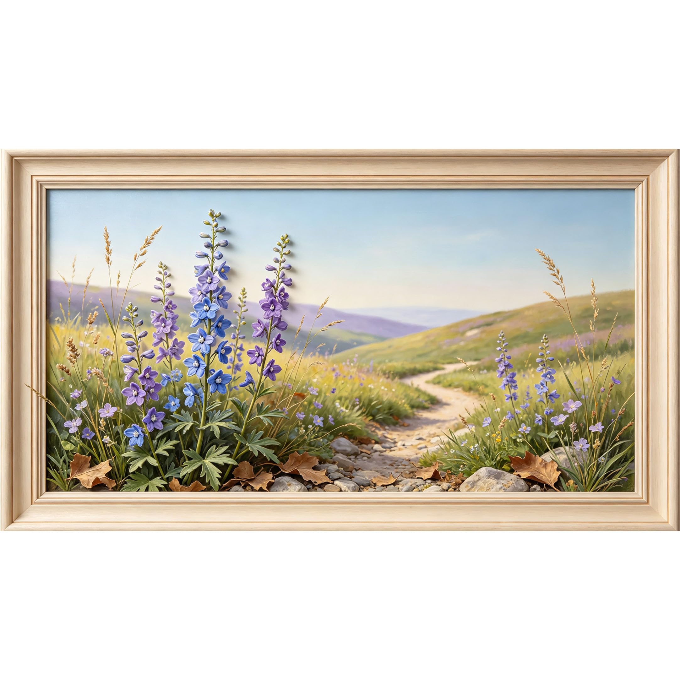 QZLITHOTIC 50x90cm3D Framed Wall Art， Botanical Mountain Meadow Pathway Landscape Self‑Adhesive Mural， Water‑Activated Peel & Stick Fabric Decor Wall Decal for Bedroom Living Room