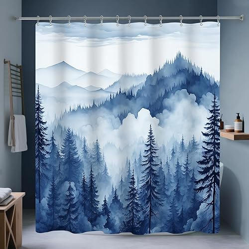 Cortina de ducha de bosque brumoso azul marino, cortina de ducha de montaña azul y blanco para baño, decoración de paisaje natural, cortinas de baño