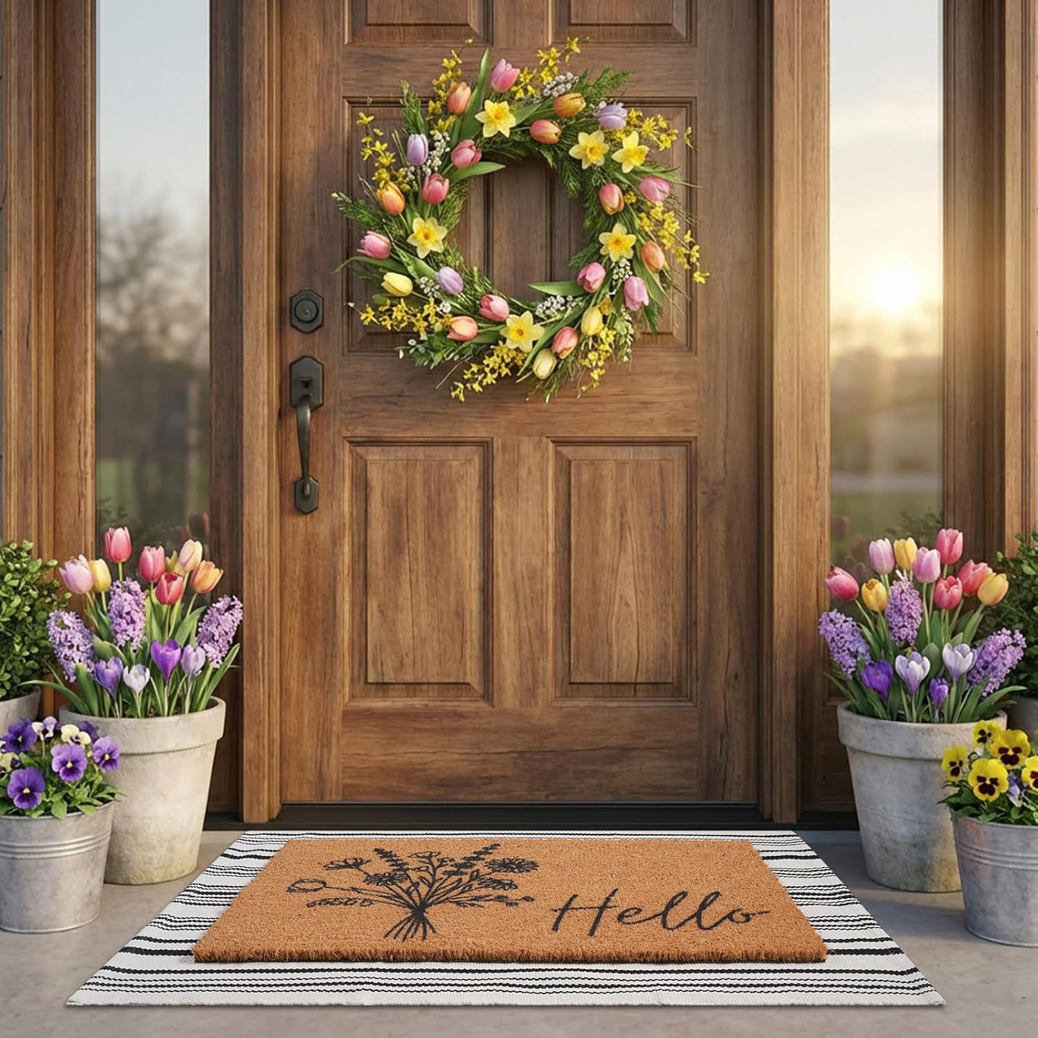 2pcs Spring Doormat Set Natural Coir 16x28 inch Wildflower Door Mat Welcome Floor Mats Non Slip Entrance 24x35 inch Black White Stripe Door Rugs for Front Porch Entryway Indoor Outdoor Decor