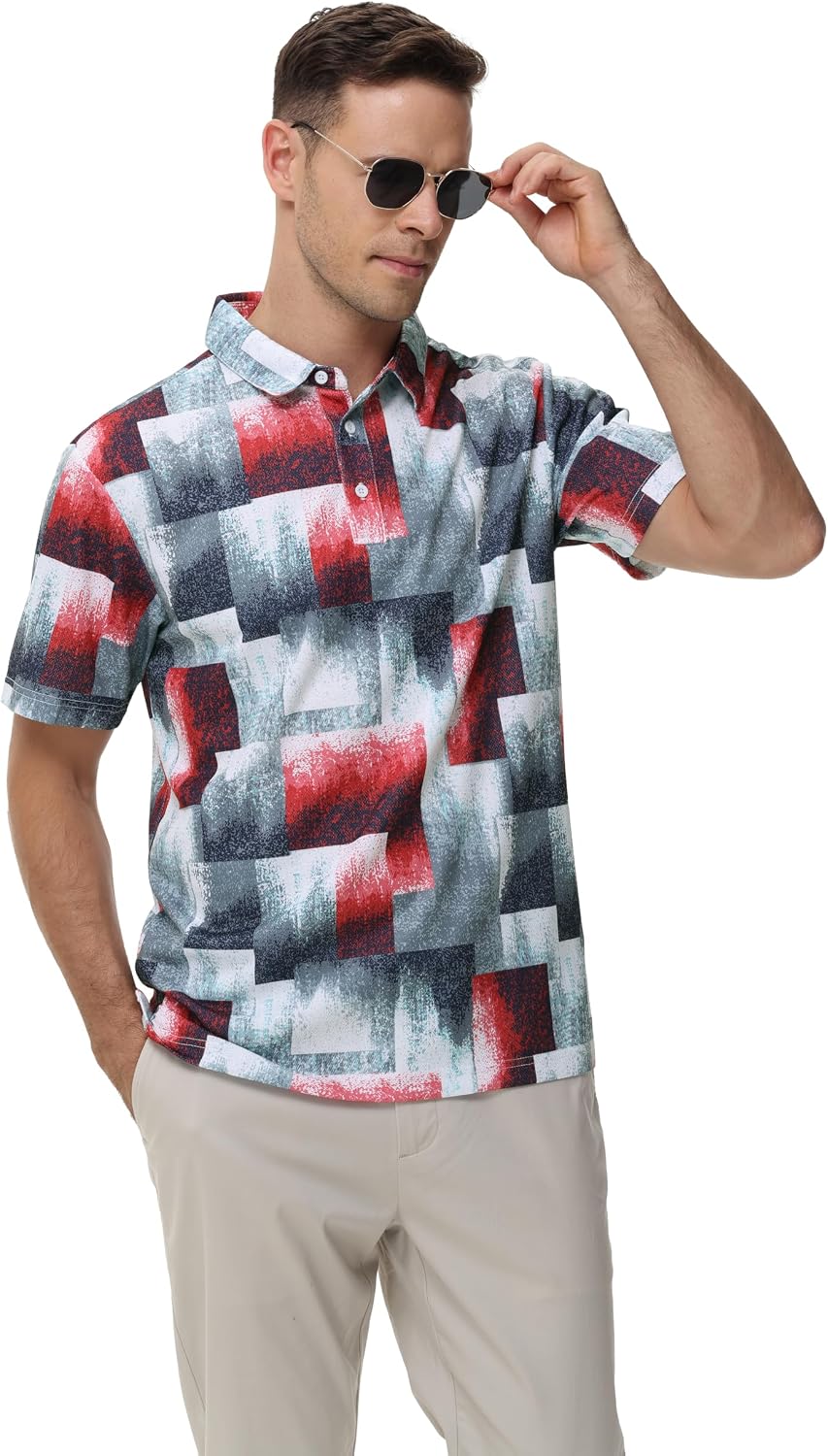 Men's Casual Short Sleeve Moisture Wicking Performance Golf Polo Contrast Color Patchwork Pique Shirts Tops