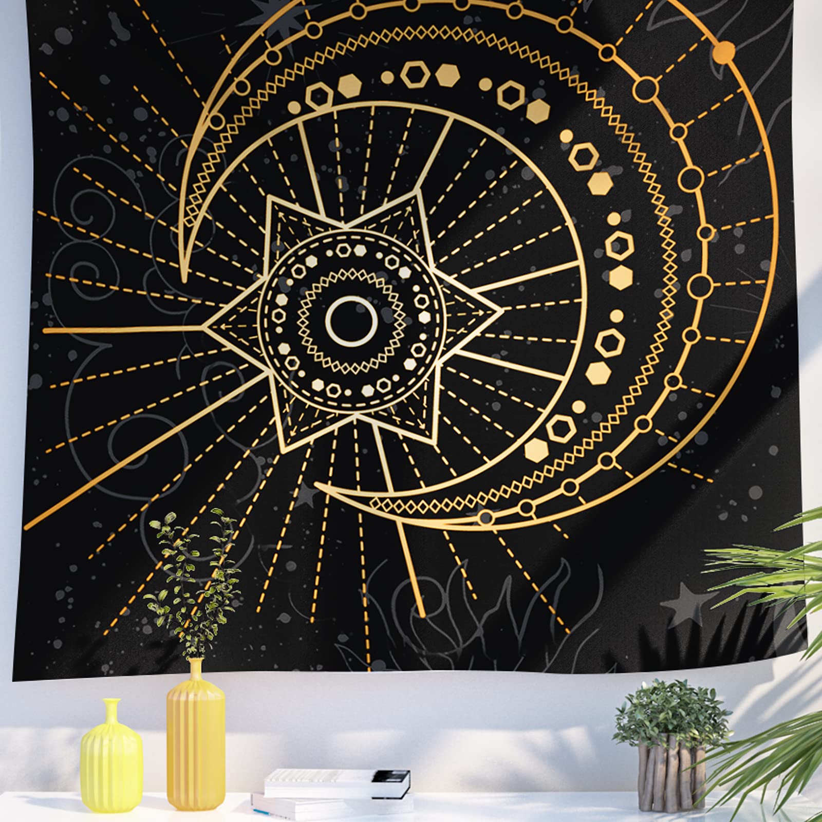 Berkin Arts Decor Tapestry with Gold Occult Mystic Signs Symbols Wall Hanging Aesthetic Backdrop Sun Half Moon Star Abstract Gothic Popular for Indoor Outdoor 51.2 x 59.1 Inch