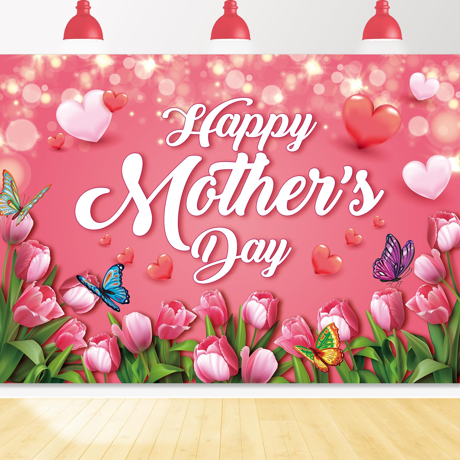Woodbu Mother's Day Backdrop, 7x5FT Happy Mother's Day Banner with Tulips Flowers & Red Heart Family Decor, Premium Fabric, Foldable & Easy to Hang, Perfect for Indoor/Outdoor Parties & Photo Booths